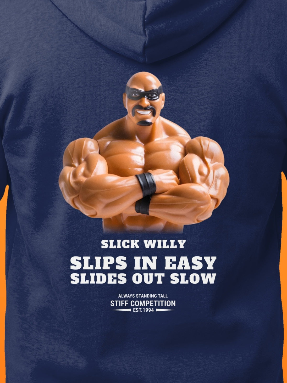SC-94 HOODIE: SLICK WILLY (SLIPS IN EASY, SLIDES OUT SLOW), navy, print close-up