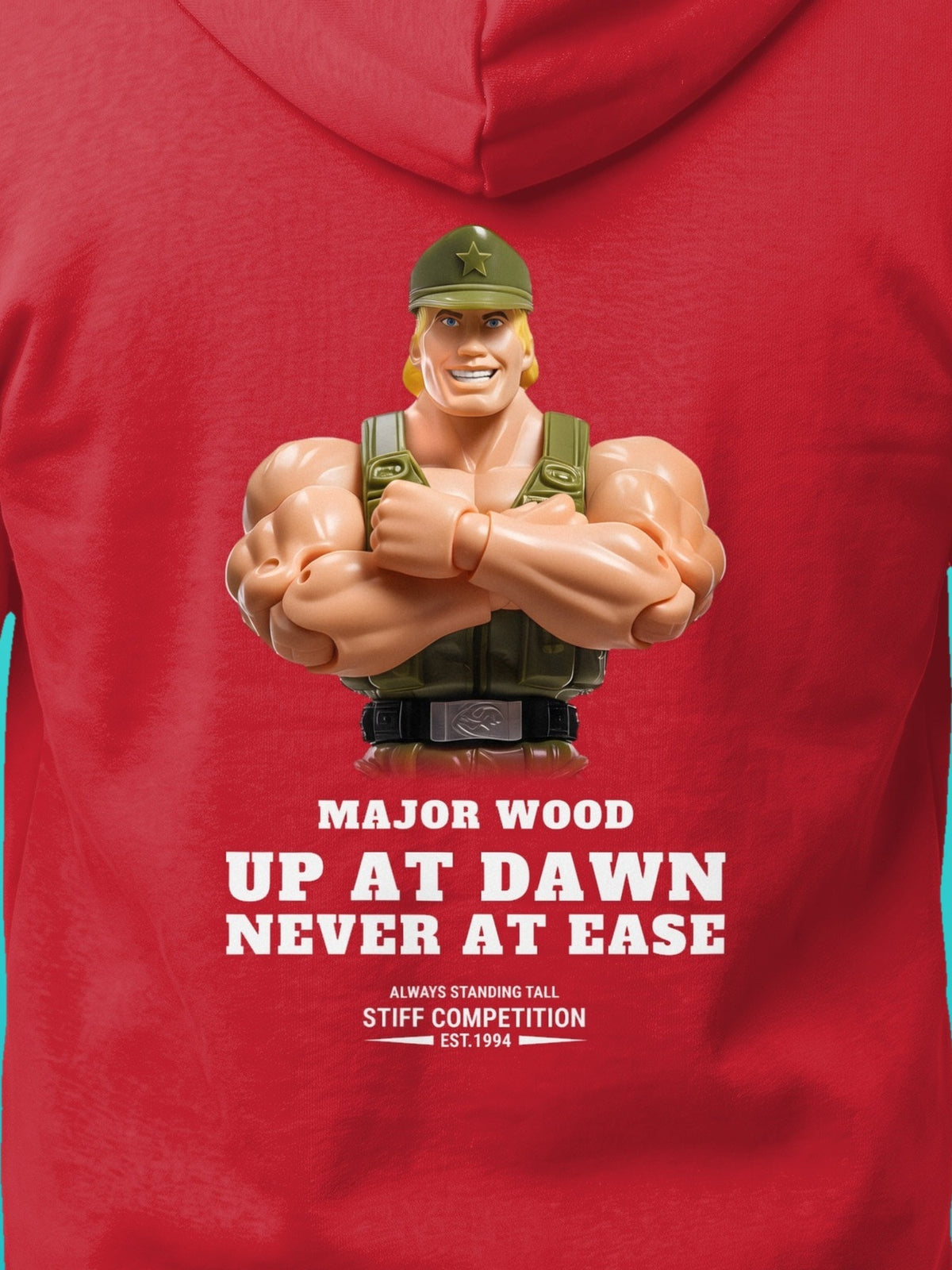 SC-94 HOODIE: MAJOR WOOD (UP AT DAWN, NEVER AT EASE), red, print close-up