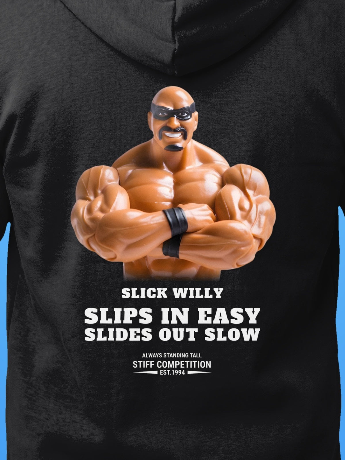 SC-94 HOODIE: SLICK WILLY (SLIPS IN EASY, SLIDES OUT SLOW), black, print close-up