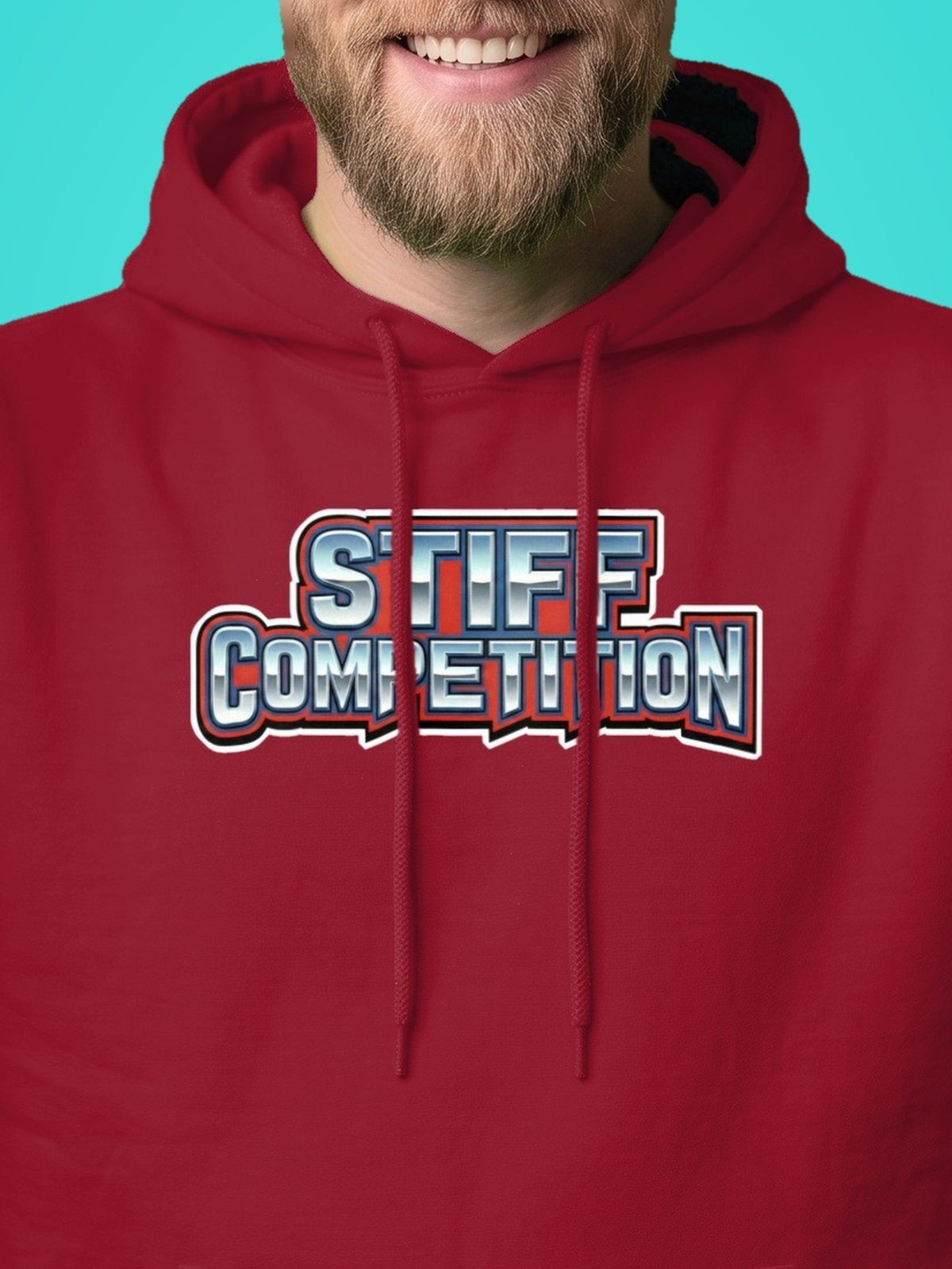 SC-94 HOODIE: STIFF COMPETITION LOGO (ALWAYS STANDING TALL, EST. 1994), cardinal red, print close-up