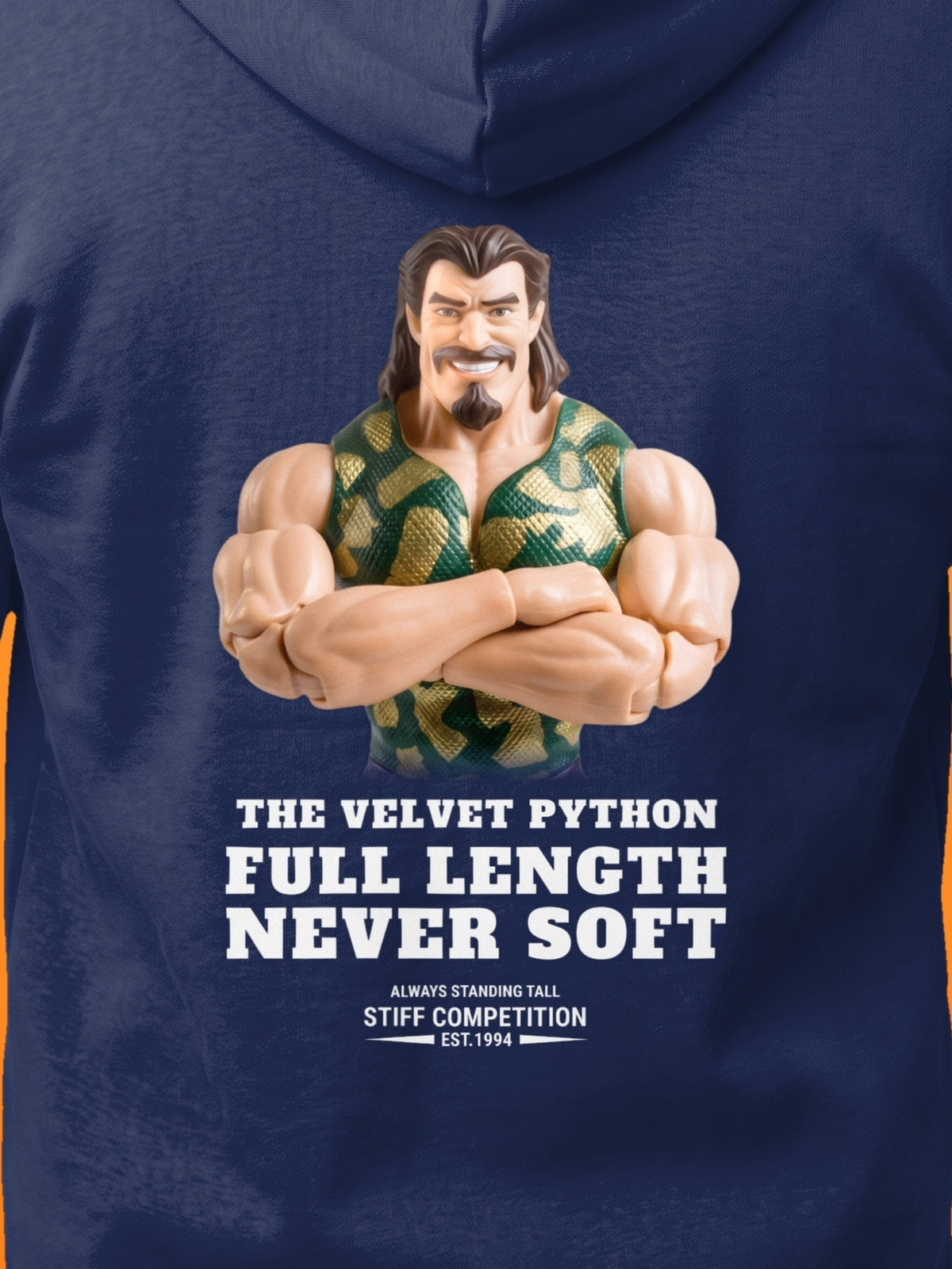 SC-94 HOODIE: THE VELVET PYTHON (FULL LENGTH, NEVER SOFT), navy, print close-up