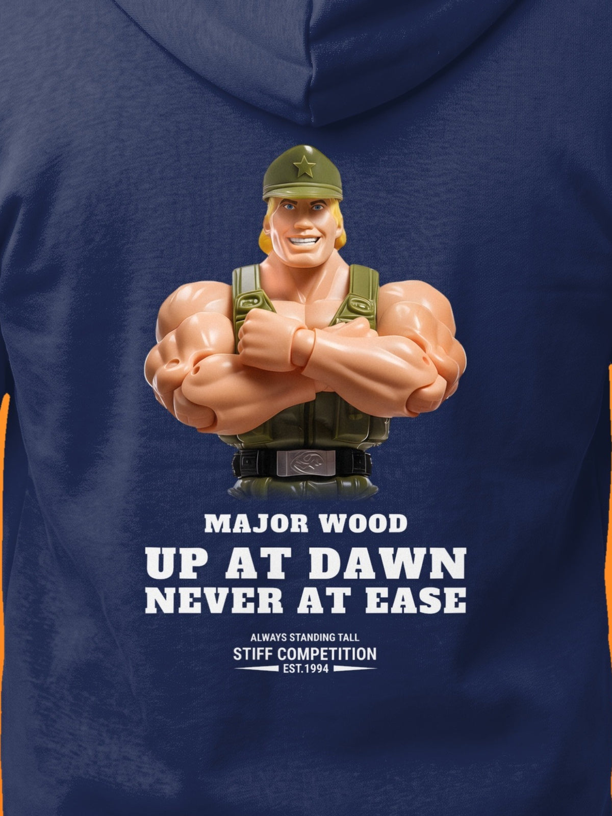 SC-94 HOODIE: MAJOR WOOD (UP AT DAWN, NEVER AT EASE), navy, print close-up