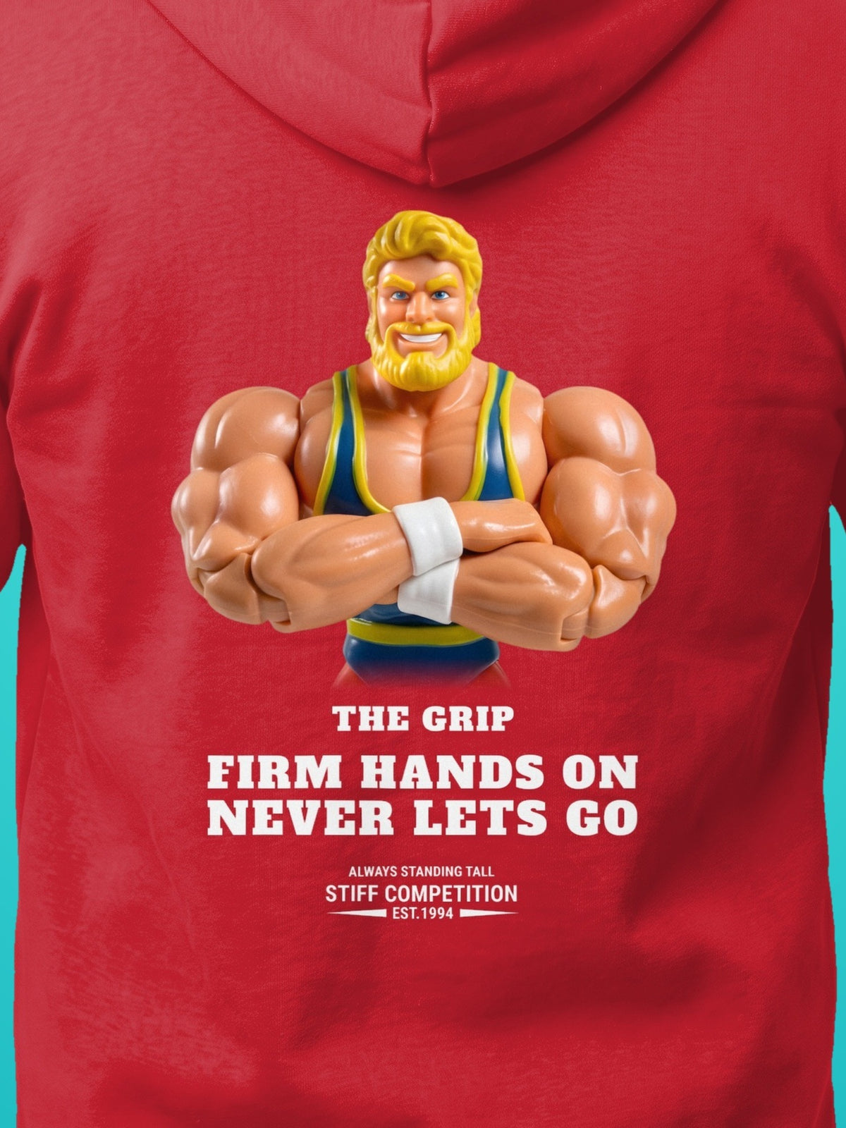 SC-94 HOODIE: THE GRIP (FIRM HANDS ON, NEVER LETS GO), red, print close-up
