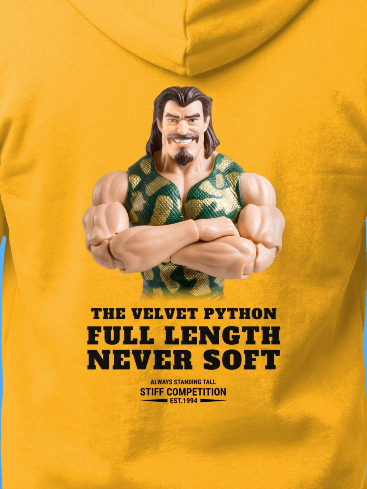SC-94 HOODIE: THE VELVET PYTHON (FULL LENGTH, NEVER SOFT), gold, print close-up