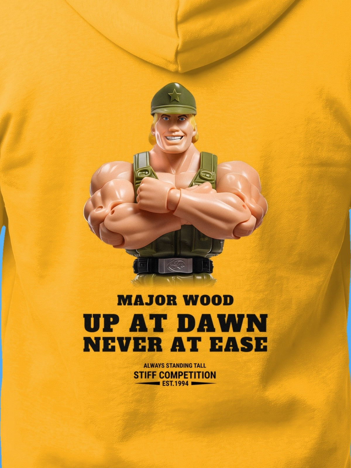 SC-94 HOODIE: MAJOR WOOD (UP AT DAWN, NEVER AT EASE), gold, print close-up