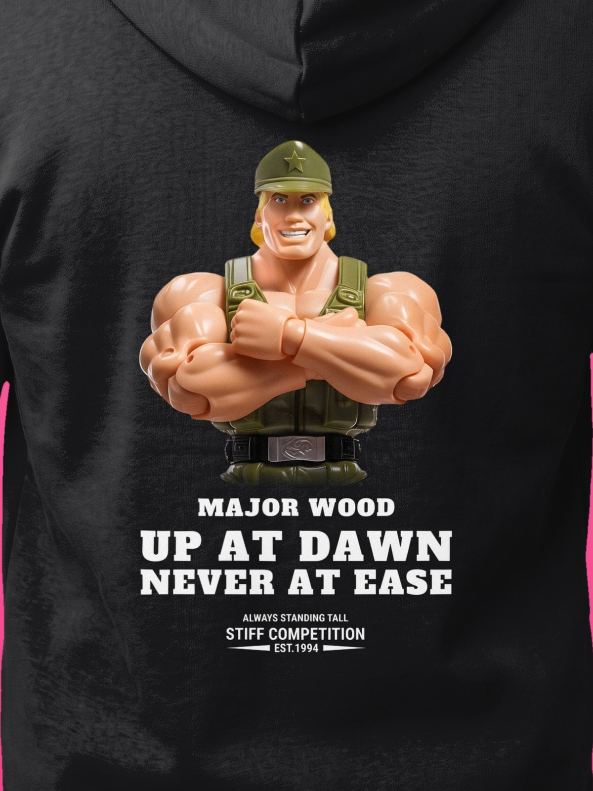 SC-94 HOODIE: MAJOR WOOD (UP AT DAWN, NEVER AT EASE), black, print close-up