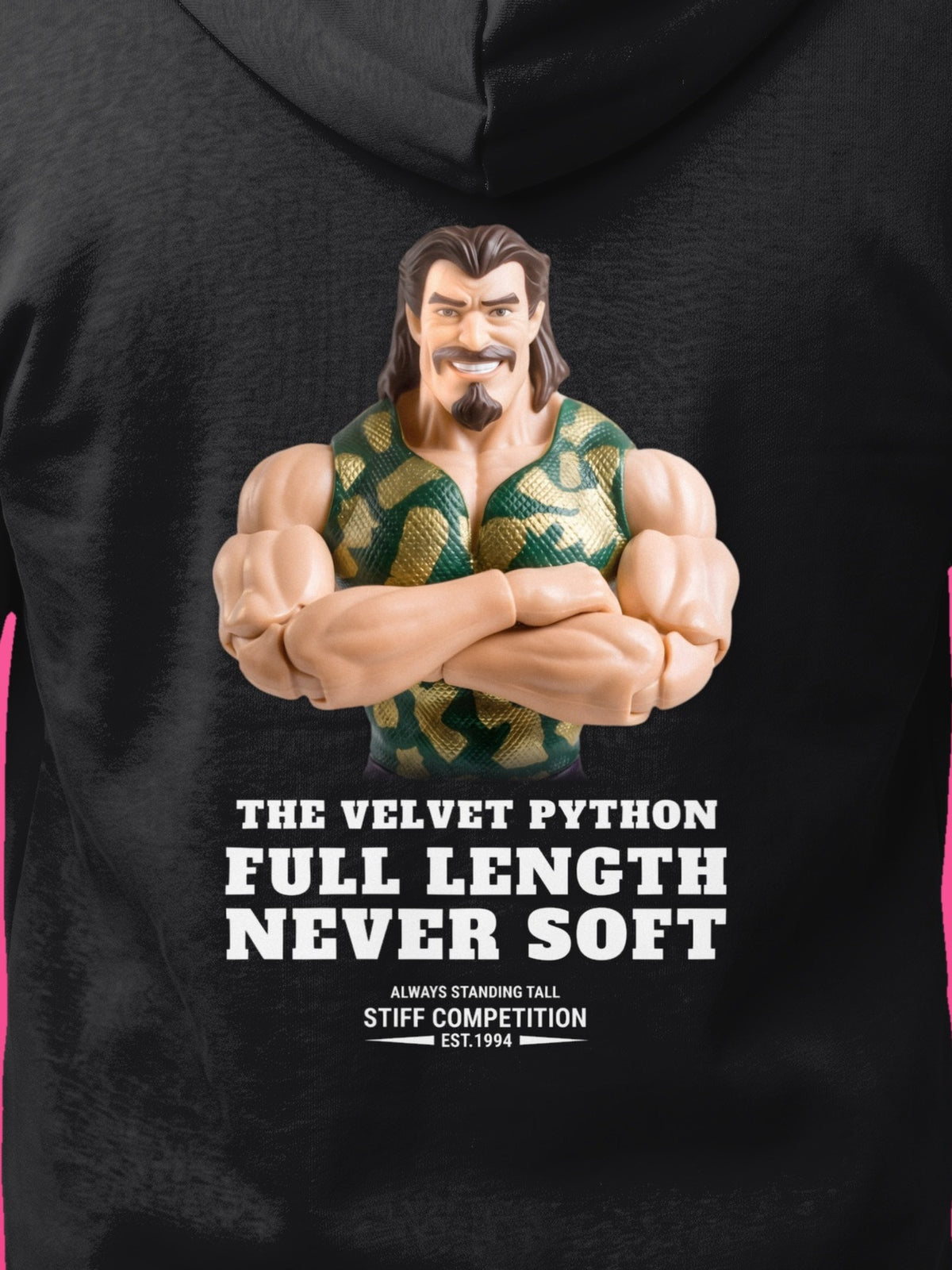 SC-94 HOODIE: THE VELVET PYTHON (FULL LENGTH, NEVER SOFT), black, print close-up
