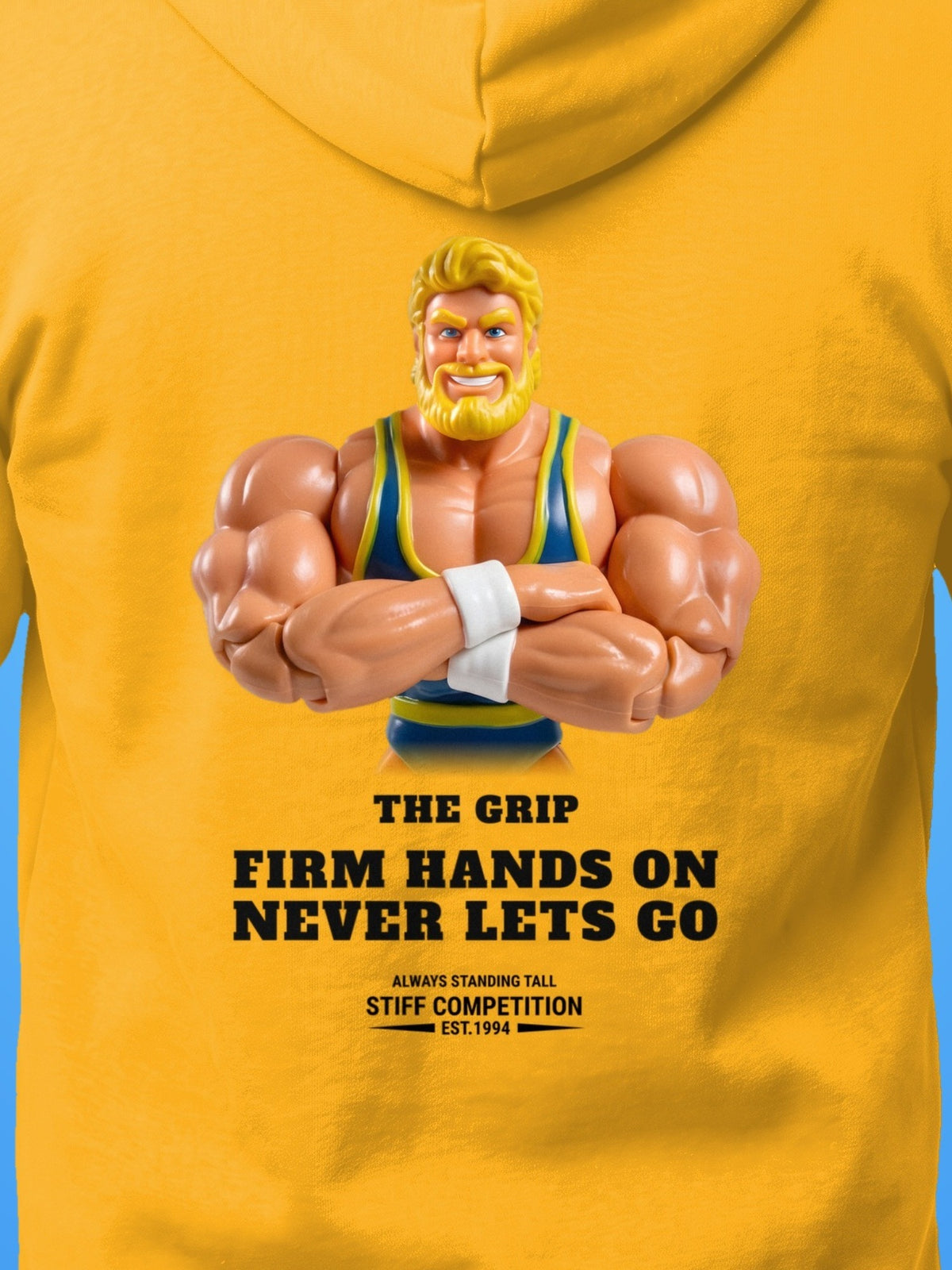 SC-94 HOODIE: THE GRIP (FIRM HANDS ON, NEVER LETS GO), gold, print close-up