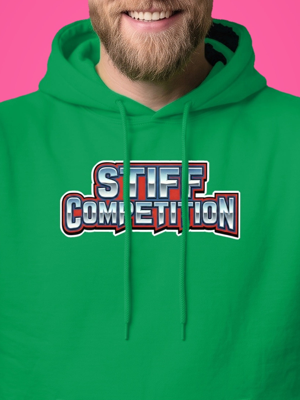 SC-94 HOODIE: STIFF COMPETITION LOGO (ALWAYS STANDING TALL, EST. 1994), irish green, print close-up