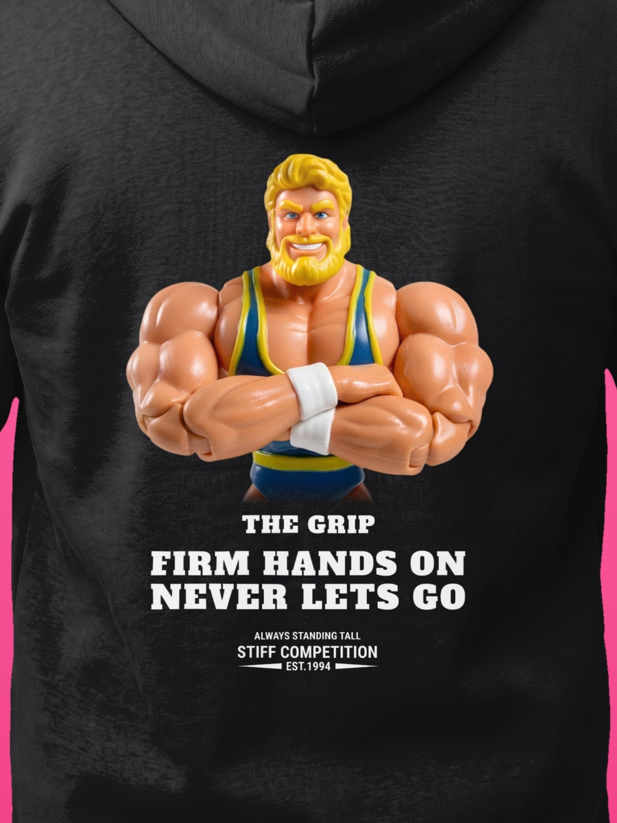 SC-94 HOODIE: THE GRIP (FIRM HANDS ON, NEVER LETS GO), black, print close-up