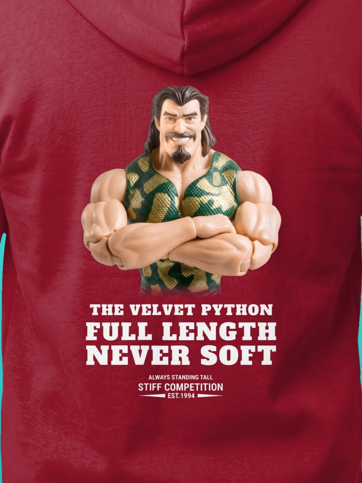 SC-94 HOODIE: THE VELVET PYTHON (FULL LENGTH, NEVER SOFT), cardinal red, print close-up