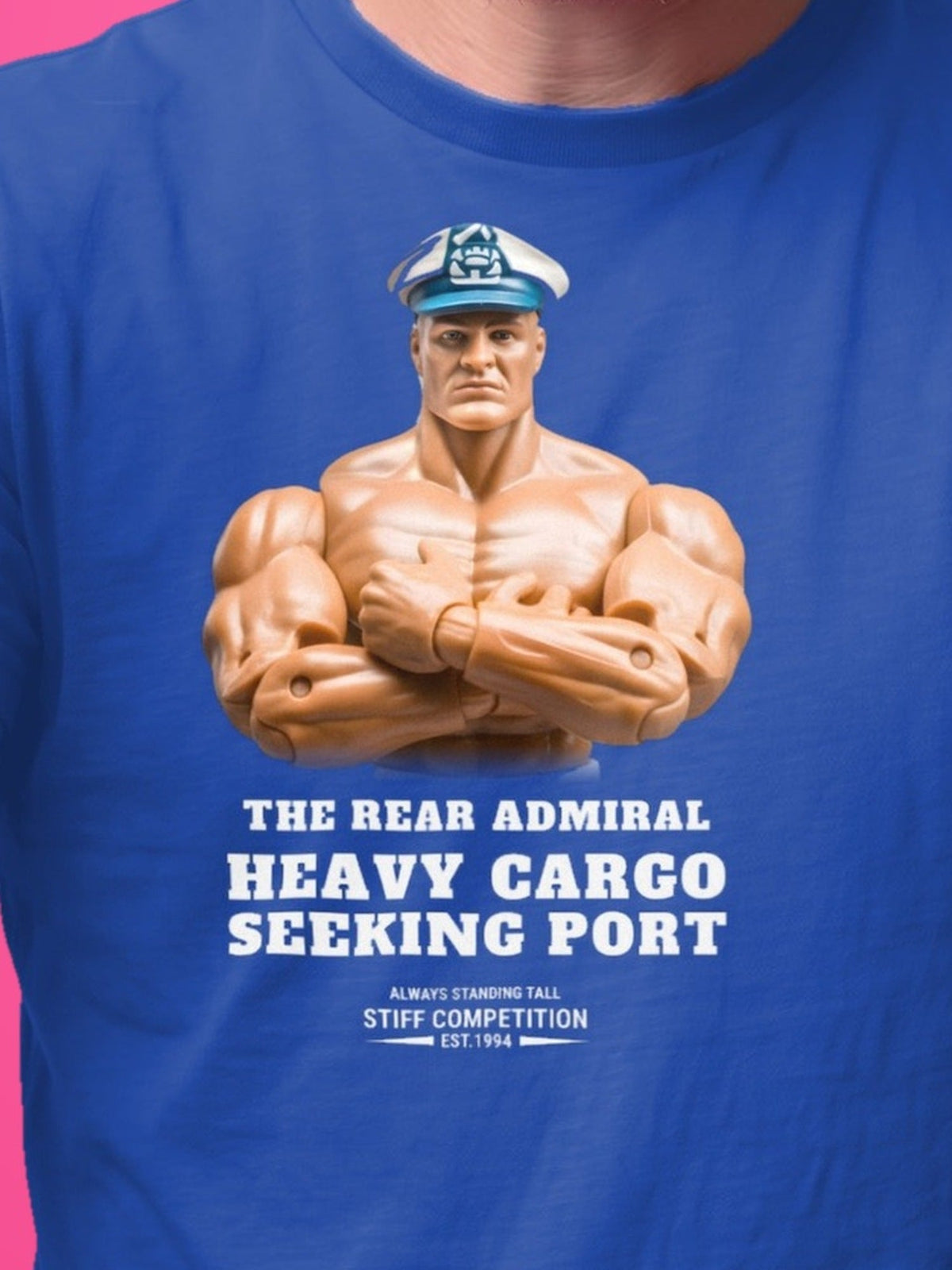 SC-94 T-SHIRT: THE REAR ADMIRAL (HEAVY CARGO, SEEKING PORT), royal, print close-up