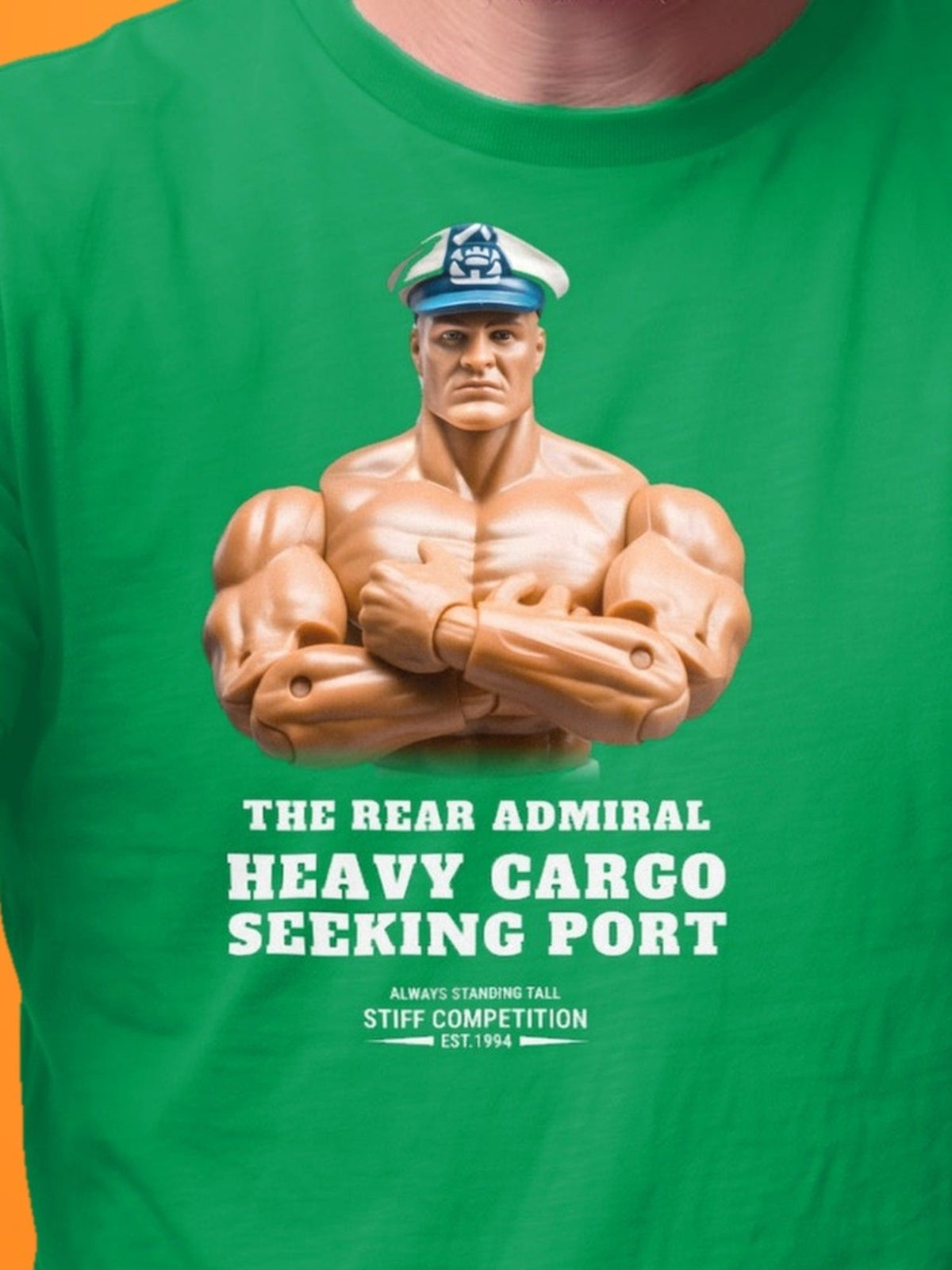 SC-94 T-SHIRT: THE REAR ADMIRAL (HEAVY CARGO, SEEKING PORT), irish green, print close-up