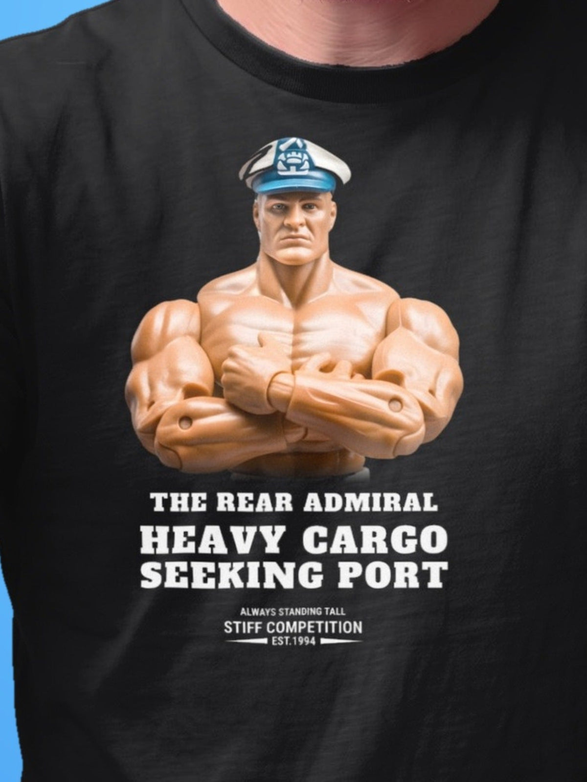 SC-94 T-SHIRT: THE REAR ADMIRAL (HEAVY CARGO, SEEKING PORT), black, print close-up