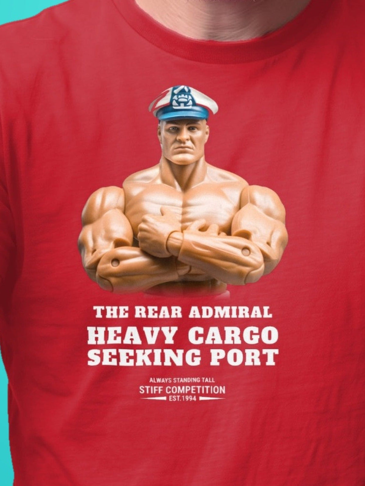 SC-94 T-SHIRT: THE REAR ADMIRAL (HEAVY CARGO, SEEKING PORT), red, print close-up