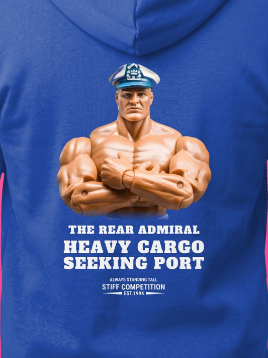 SC-94 HOODIE: THE REAR ADMIRAL (HEAVY CARGO, SEEKING PORT), royal, print close-up