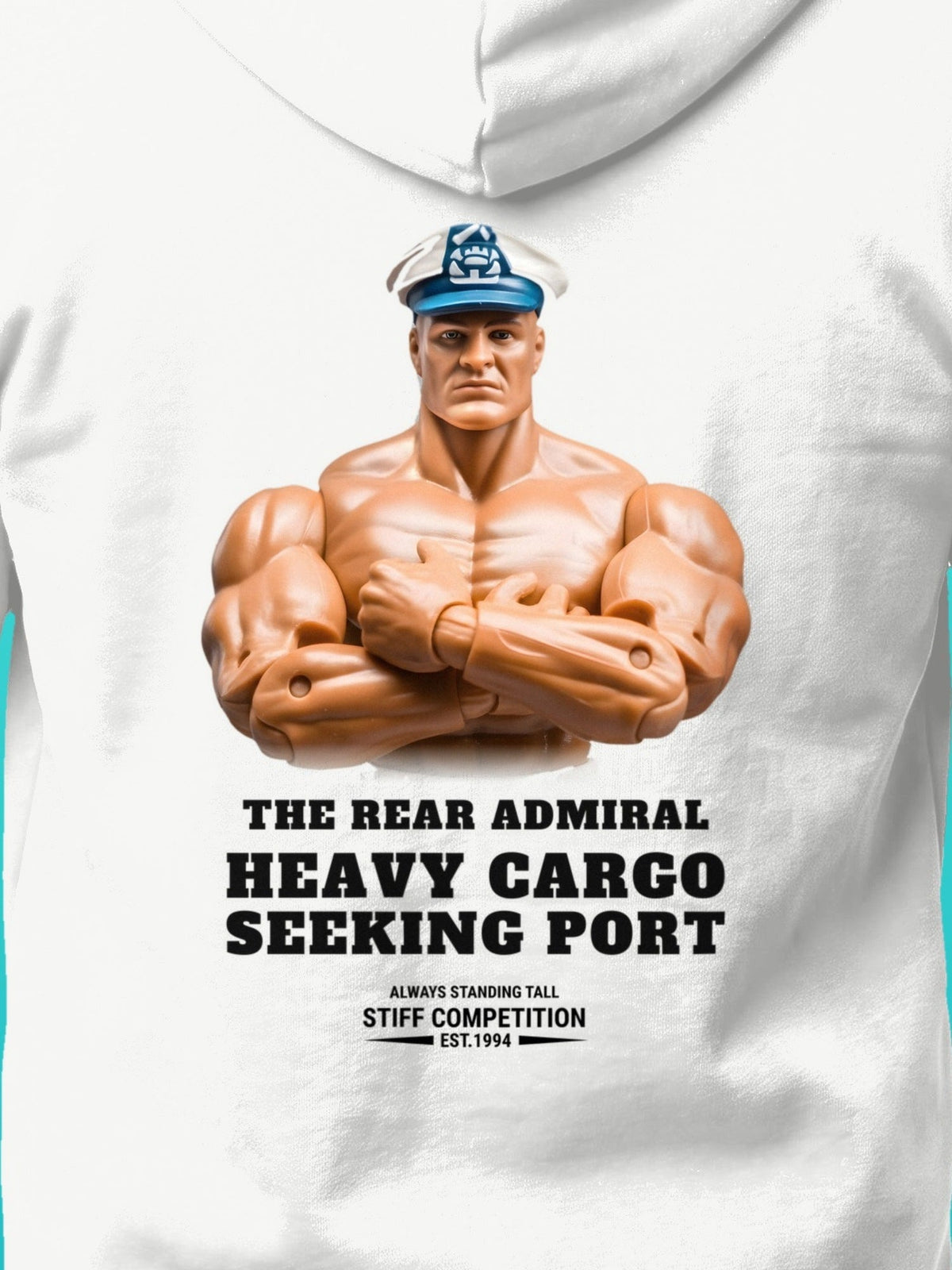 SC-94 HOODIE: THE REAR ADMIRAL (HEAVY CARGO, SEEKING PORT), white, print close-up