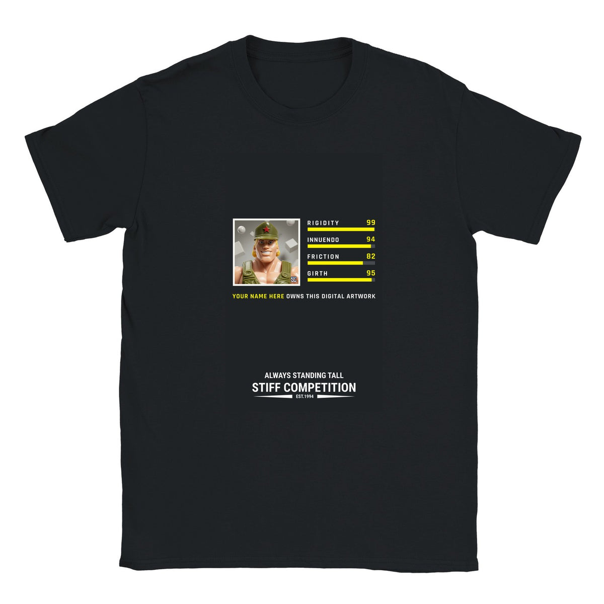 NFT Shirt sample, Brag stats design, with YOUR NAME HERE where the owner's first name is printed