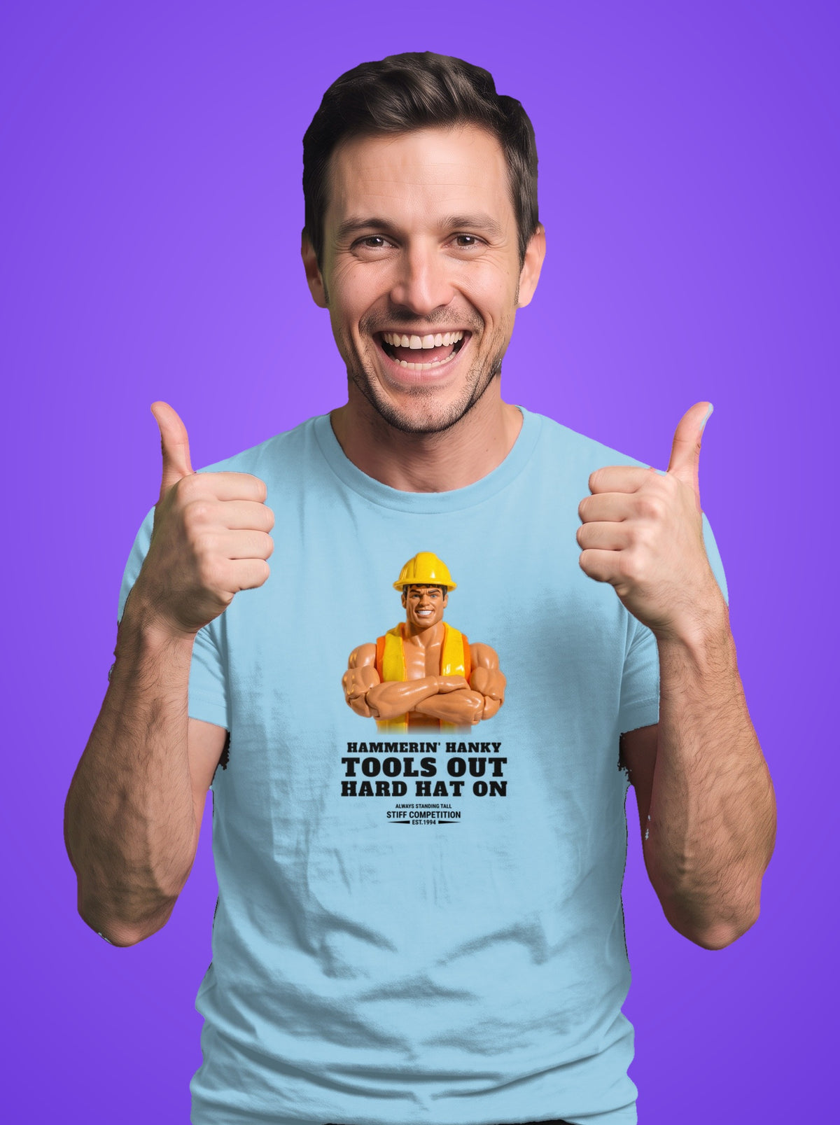Man wearing the Hammerin' Hanky Tools Out, Hard Hat On t-shirt in light blue