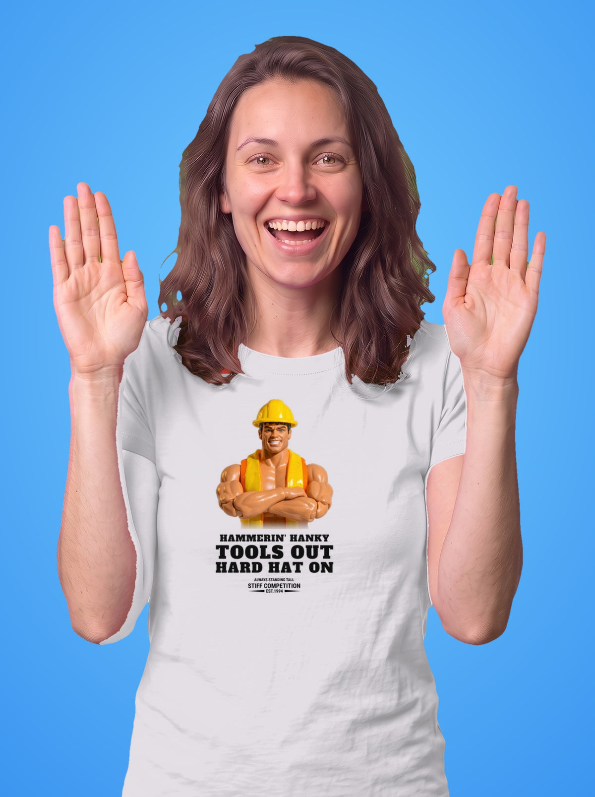 Woman wearing the Hammerin' Hanky Tools Out, Hard Hat On t-shirt in white