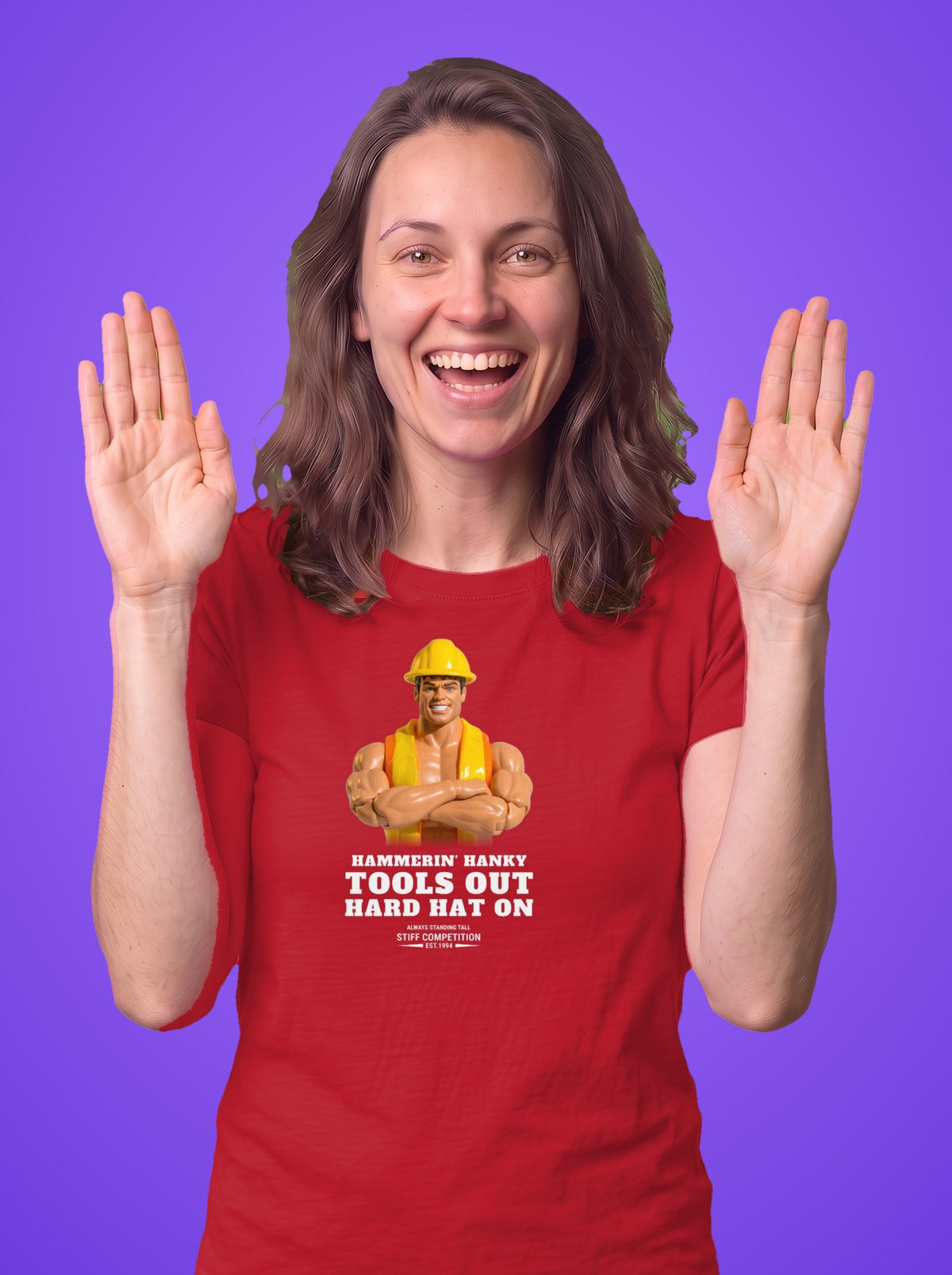 Woman wearing the Hammerin' Hanky Tools Out, Hard Hat On t-shirt in red