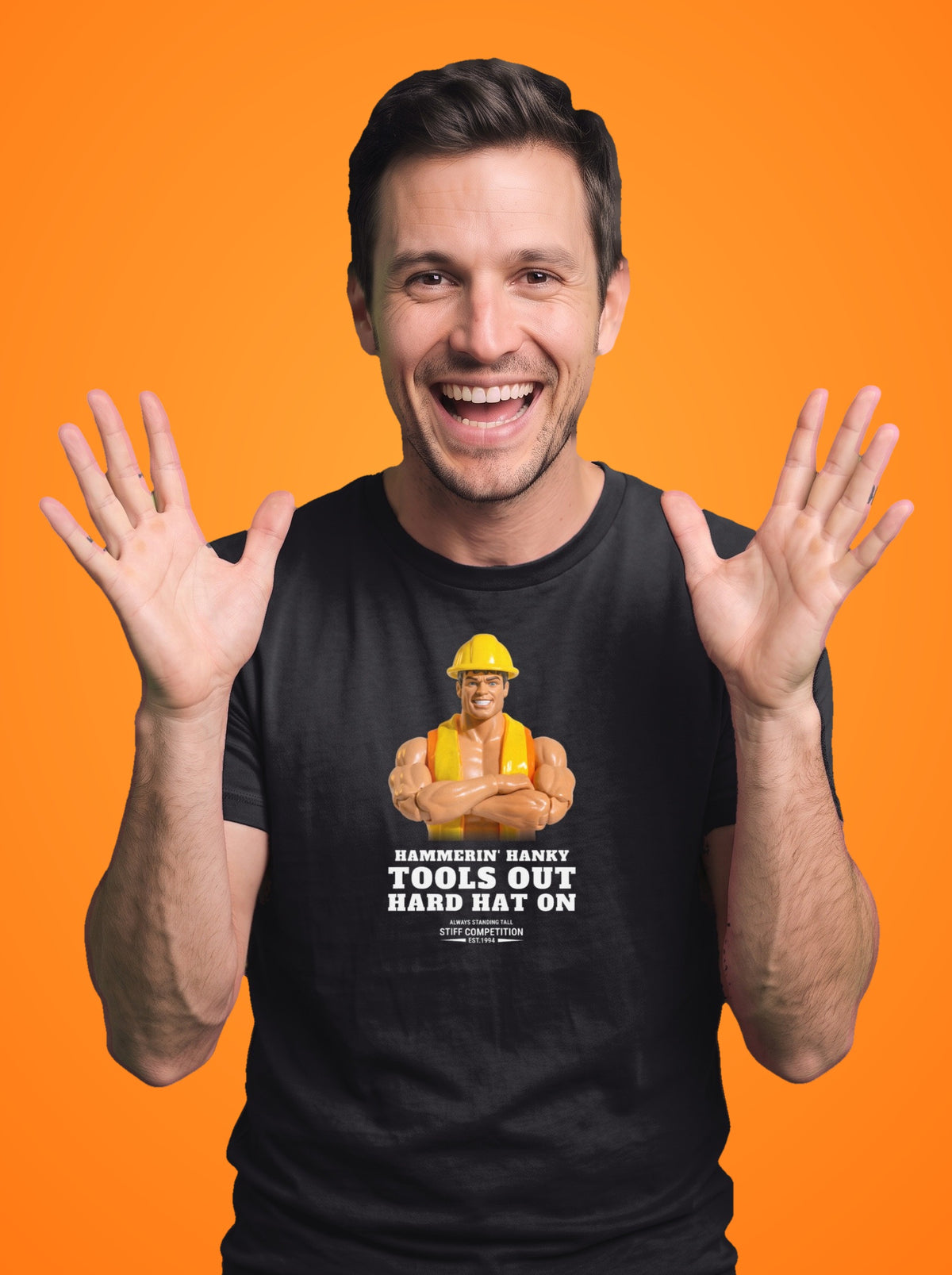 Man wearing the Hammerin' Hanky Tools Out, Hard Hat On t-shirt in black