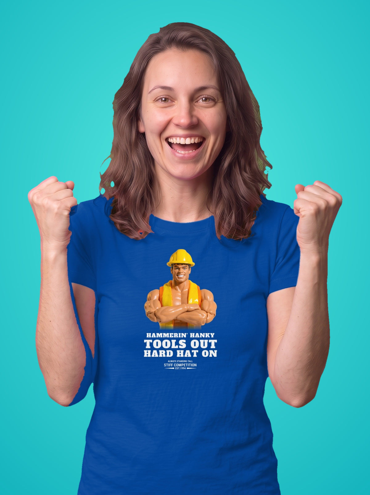 Woman wearing the Hammerin' Hanky Tools Out, Hard Hat On t-shirt in royal blue
