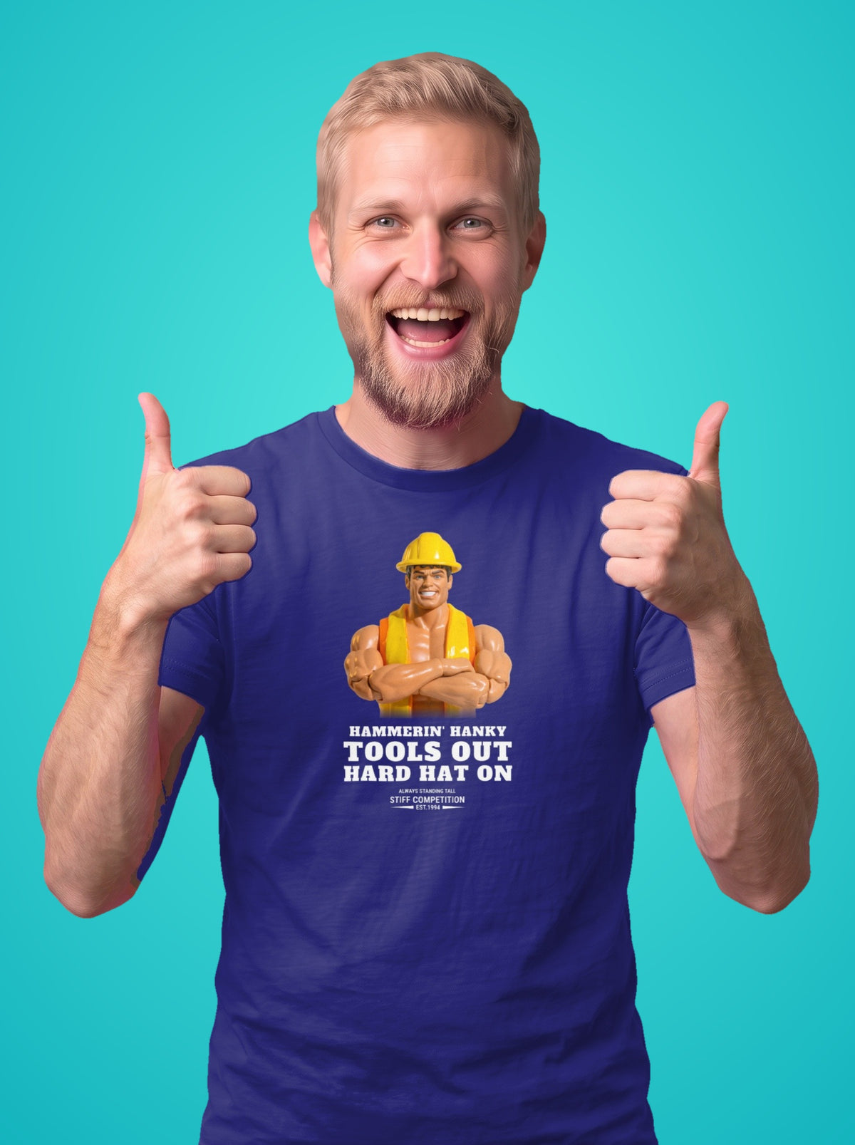 Man wearing the Hammerin' Hanky Tools Out, Hard Hat On t-shirt in purple