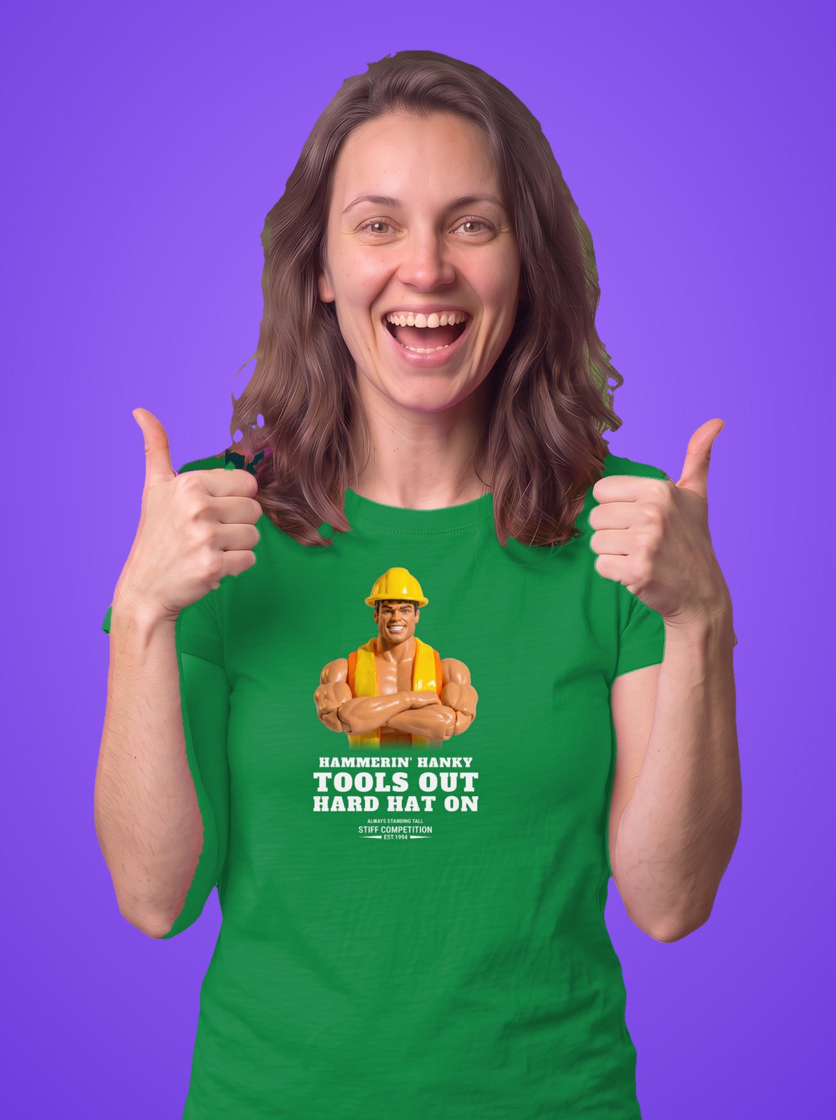 Woman wearing the Hammerin' Hanky Tools Out, Hard Hat On t-shirt in Irish green