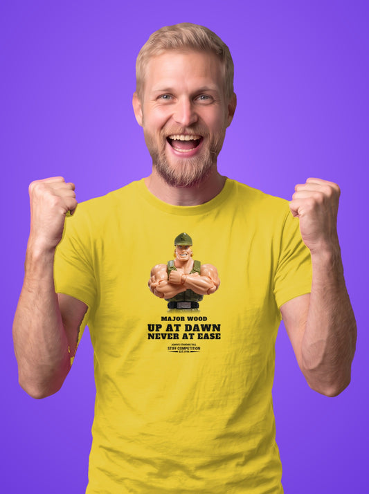 Man wearing the Major Wood Up At Dawn, Never At Ease t-shirt in daisy yellow
