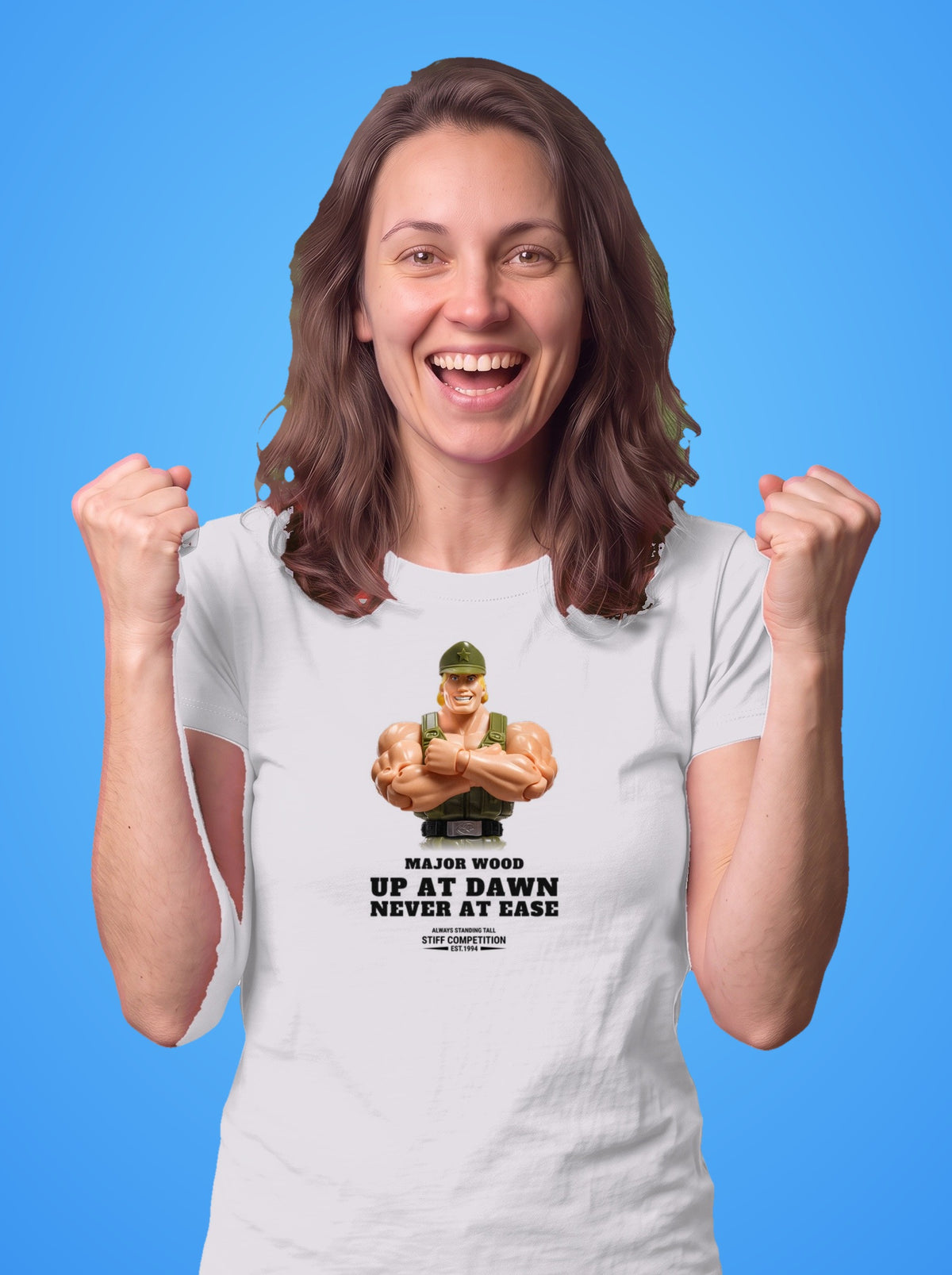 Woman wearing the Major Wood Up At Dawn, Never At Ease t-shirt in white