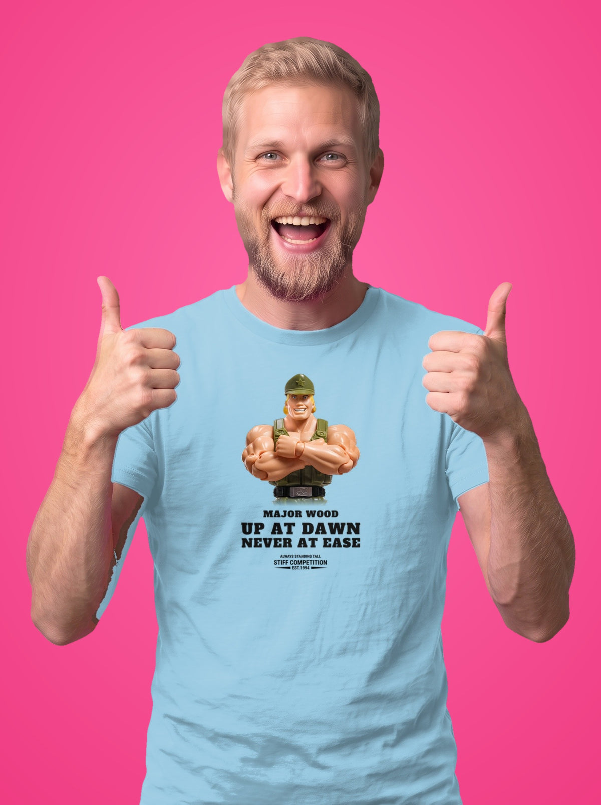 Man wearing the Major Wood Up At Dawn, Never At Ease t-shirt in light blue