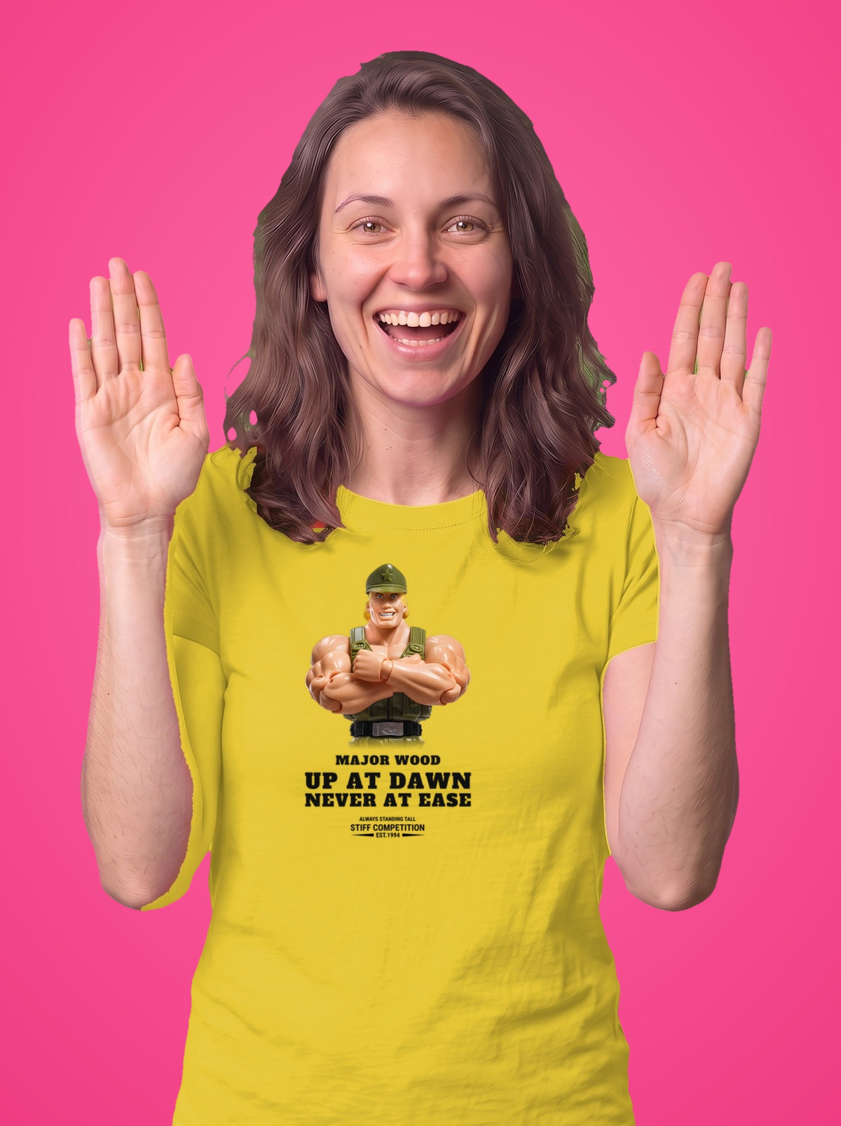 Major Wood t-shirt worn by a model, dark ink print