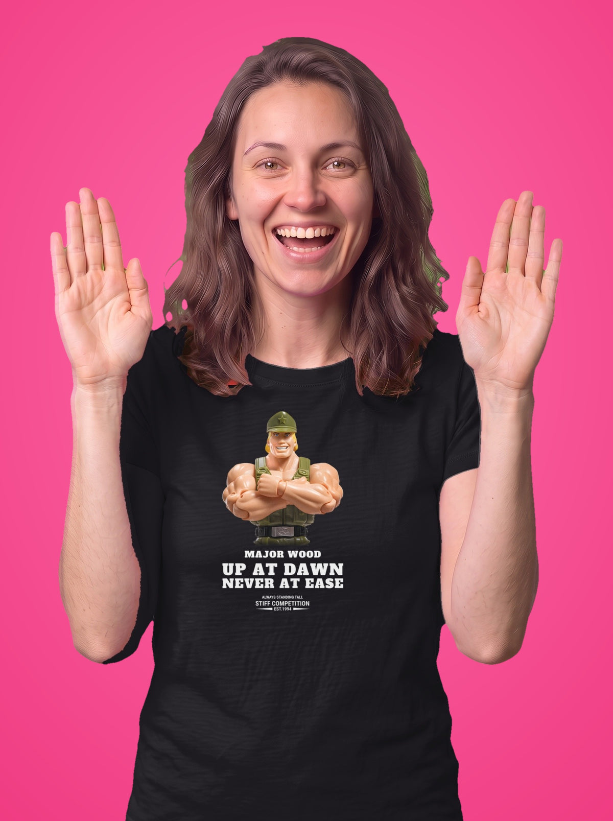 Woman wearing the Major Wood Up At Dawn, Never At Ease t-shirt in black