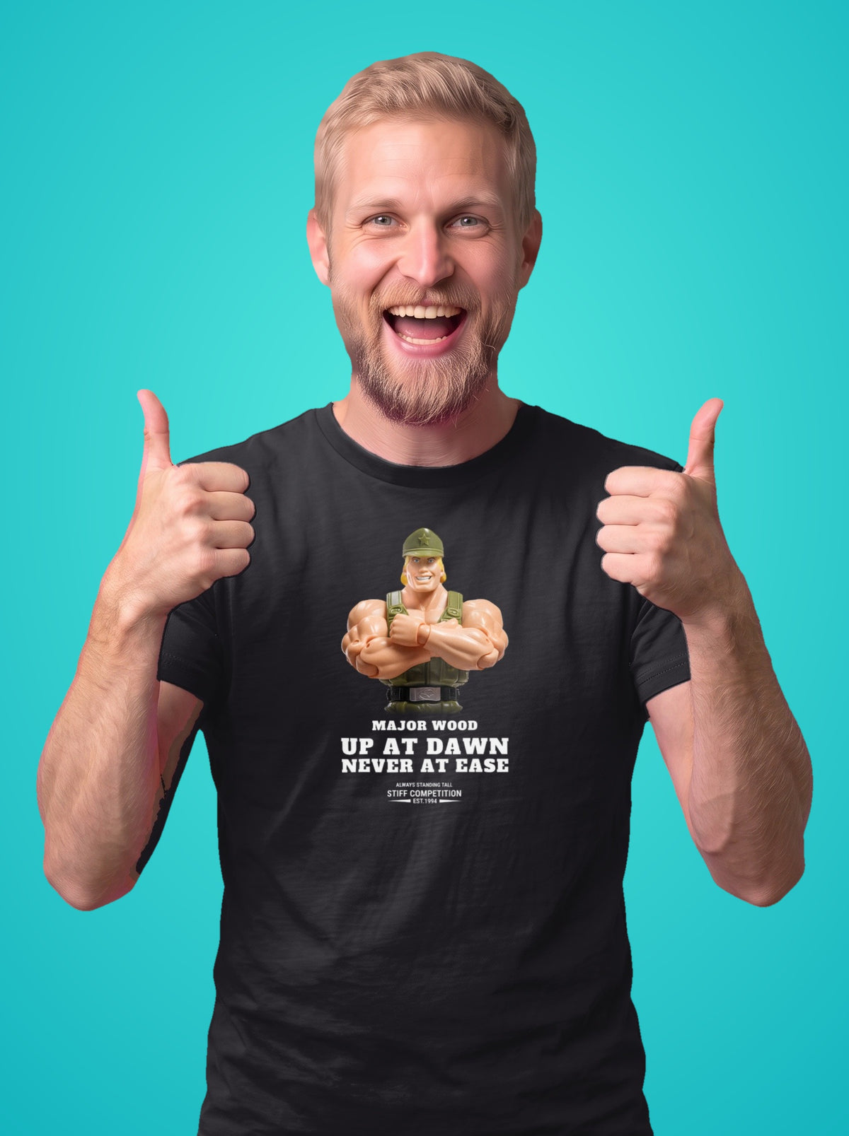 Man wearing the Major Wood Up At Dawn, Never At Ease t-shirt in black