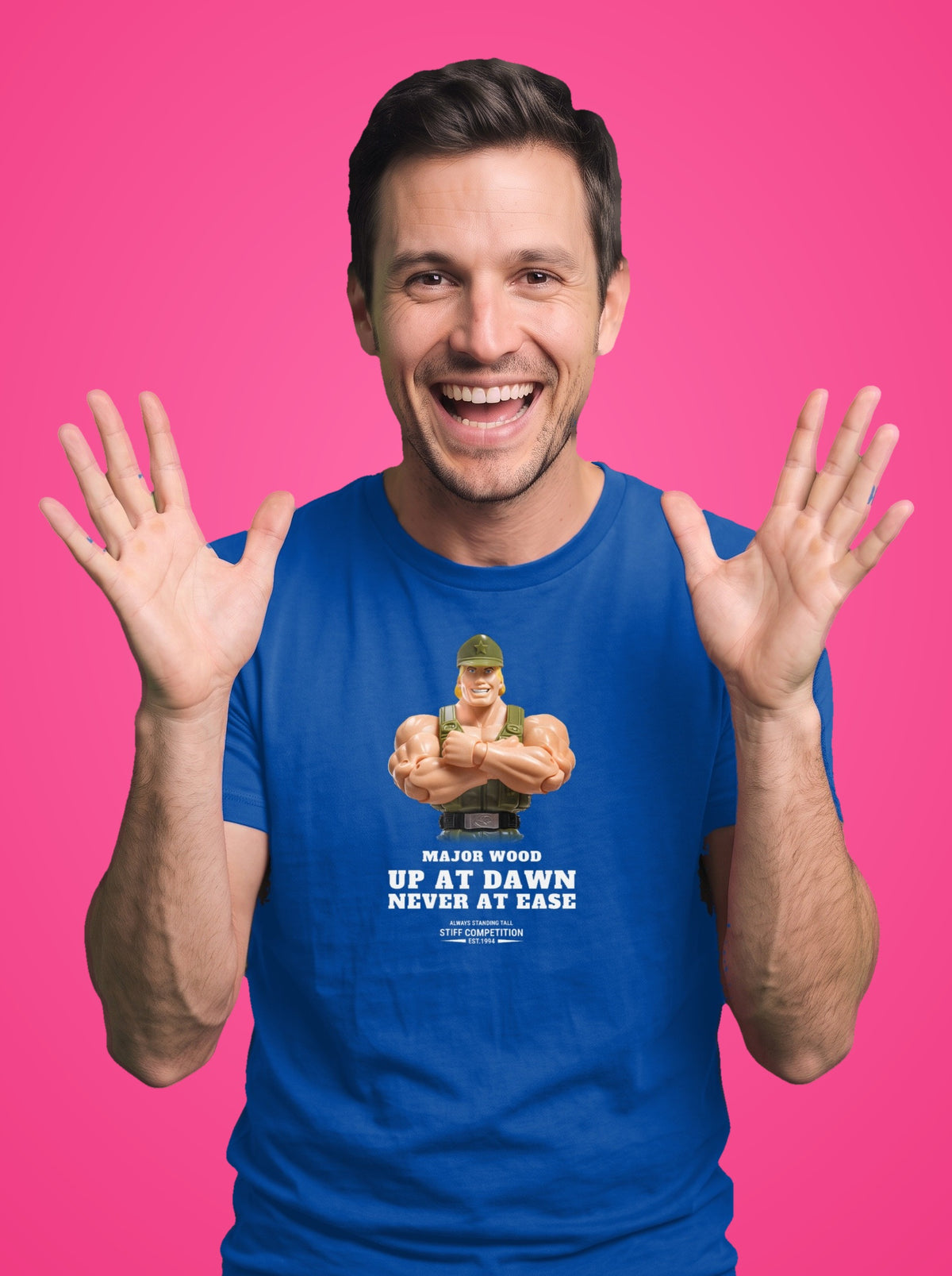 Man wearing the Major Wood Up At Dawn, Never At Ease t-shirt in royal blue