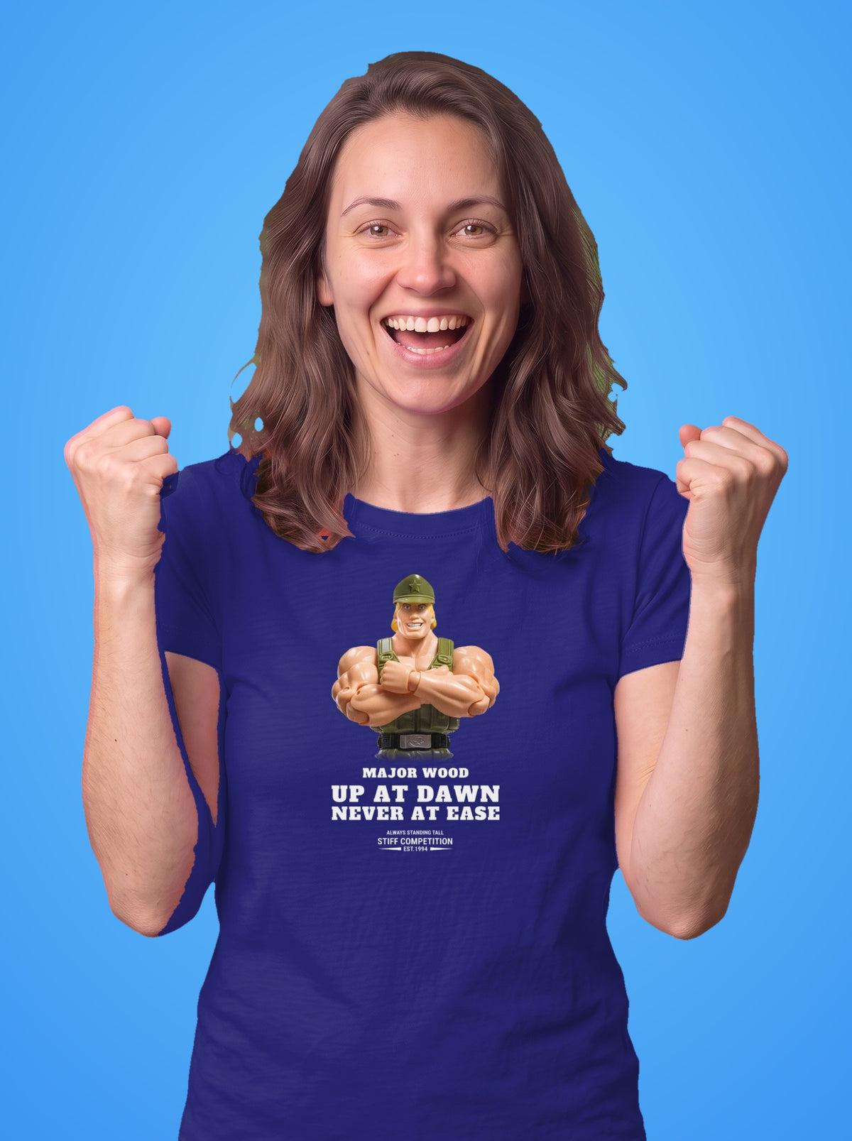 Woman wearing the Major Wood Up At Dawn, Never At Ease t-shirt in purple