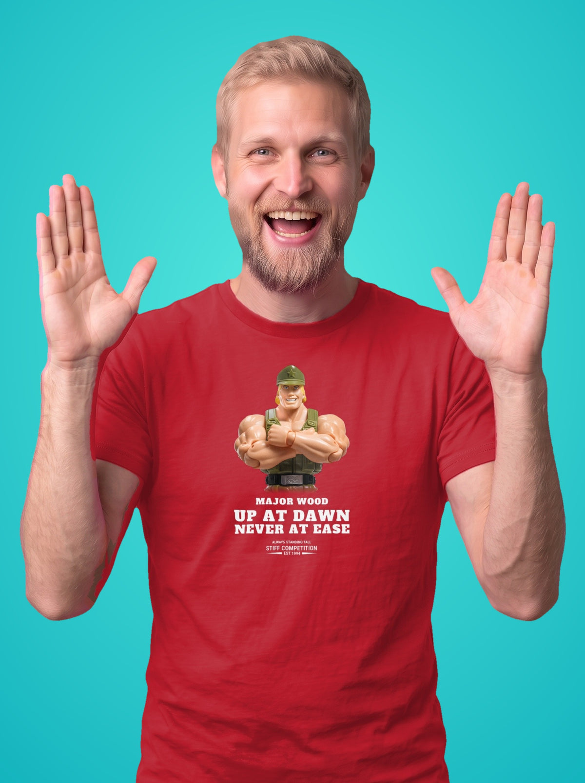 Man wearing the Major Wood Up At Dawn, Never At Ease t-shirt in red