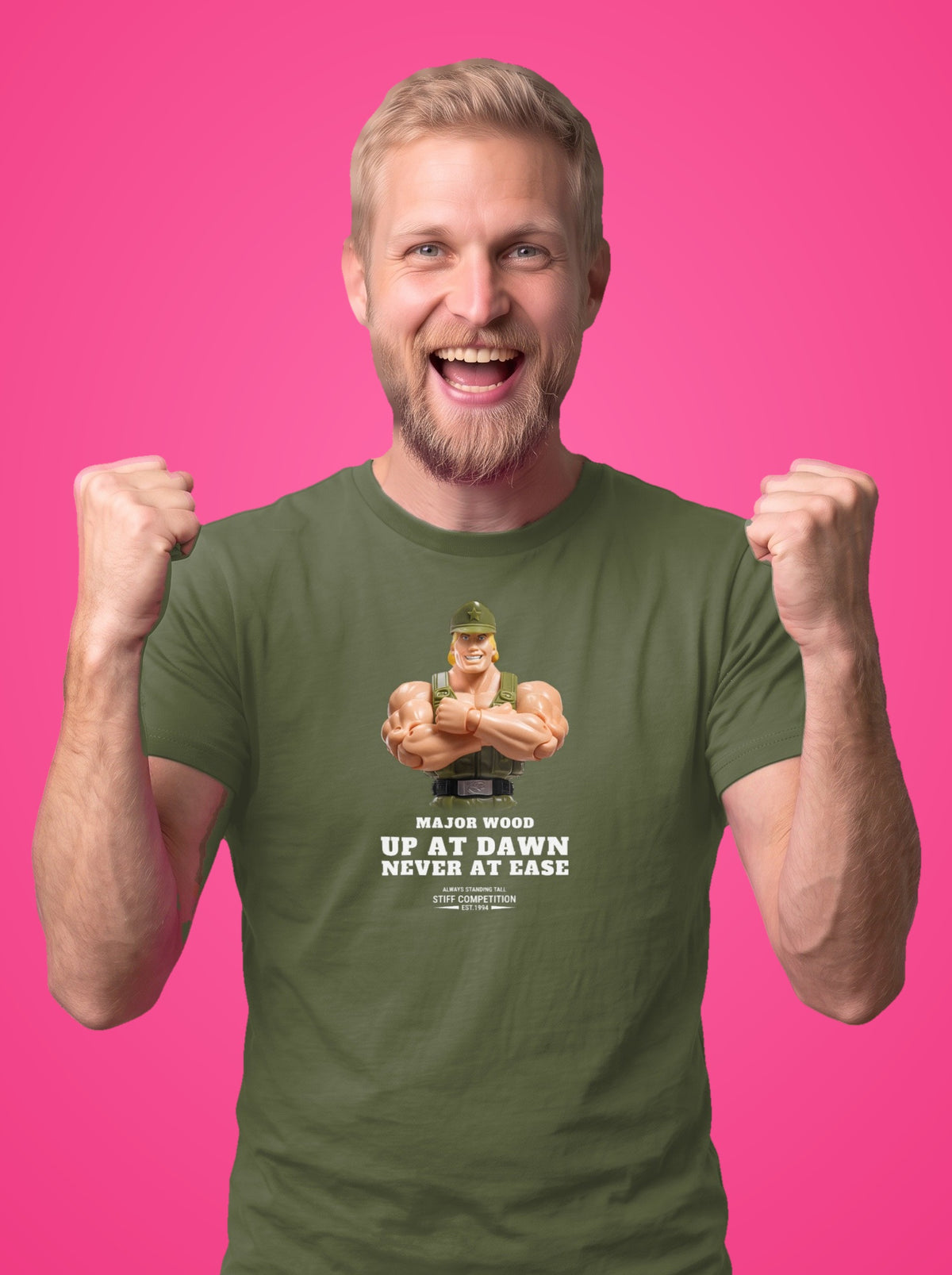 Major Wood t-shirt worn by a model, light ink print