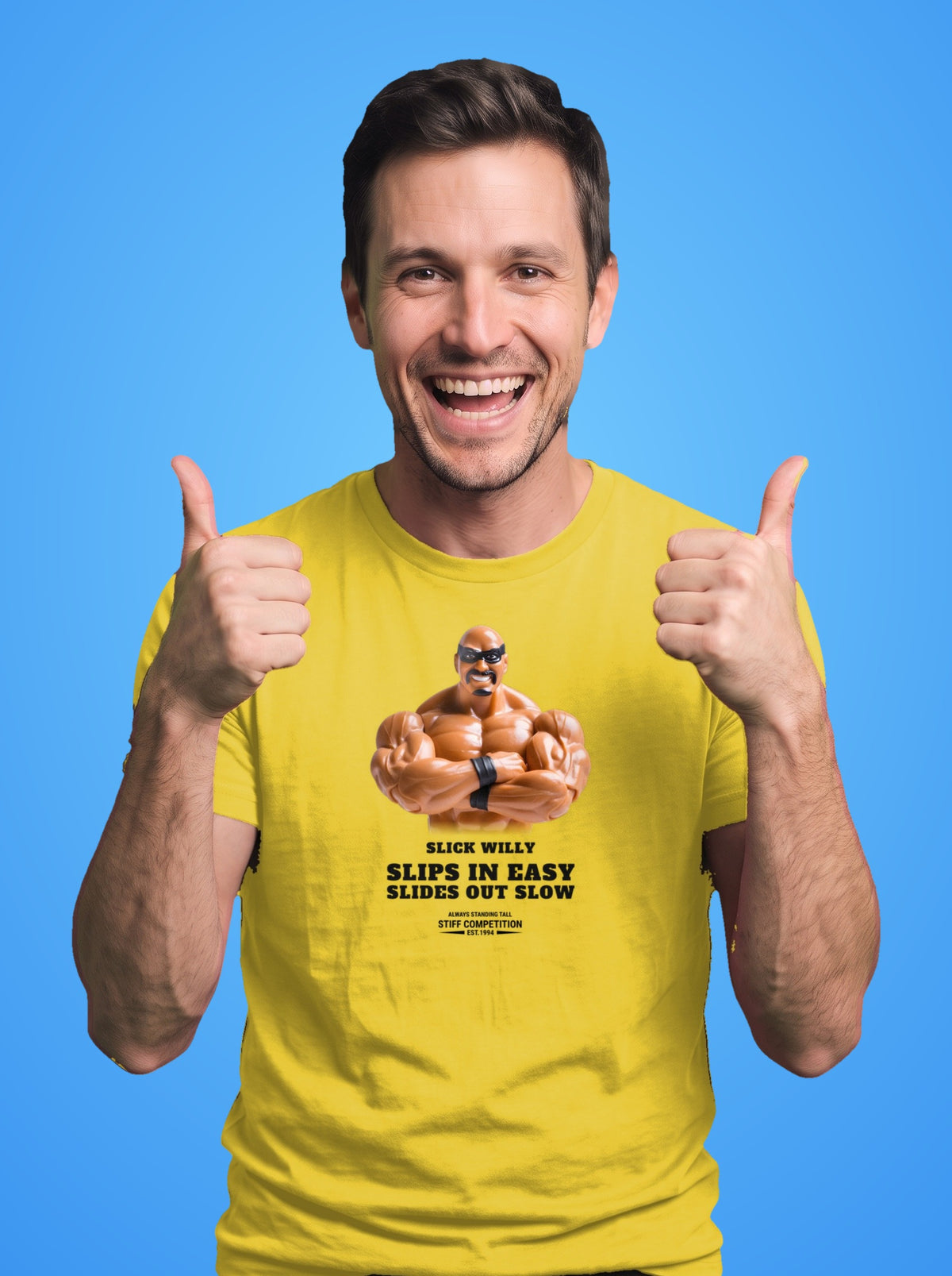 Man wearing the Slick Willy Slips In Easy, Slides Out Slow t-shirt in daisy yellow