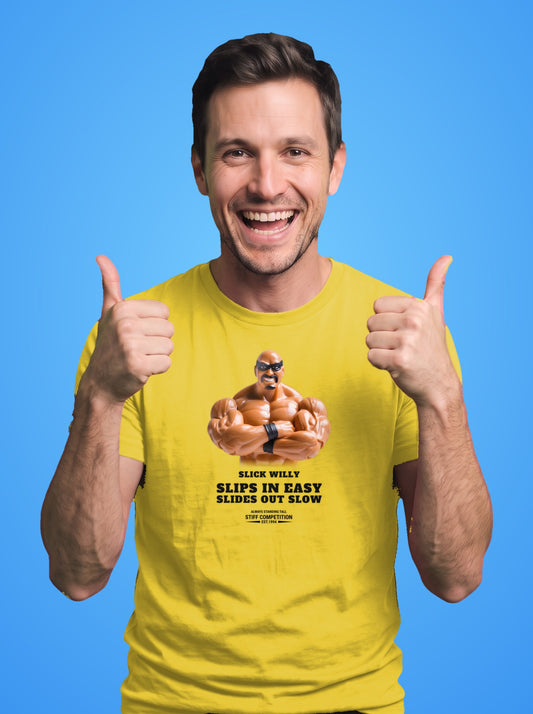 Man wearing the Slick Willy Slips In Easy, Slides Out Slow t-shirt in daisy yellow