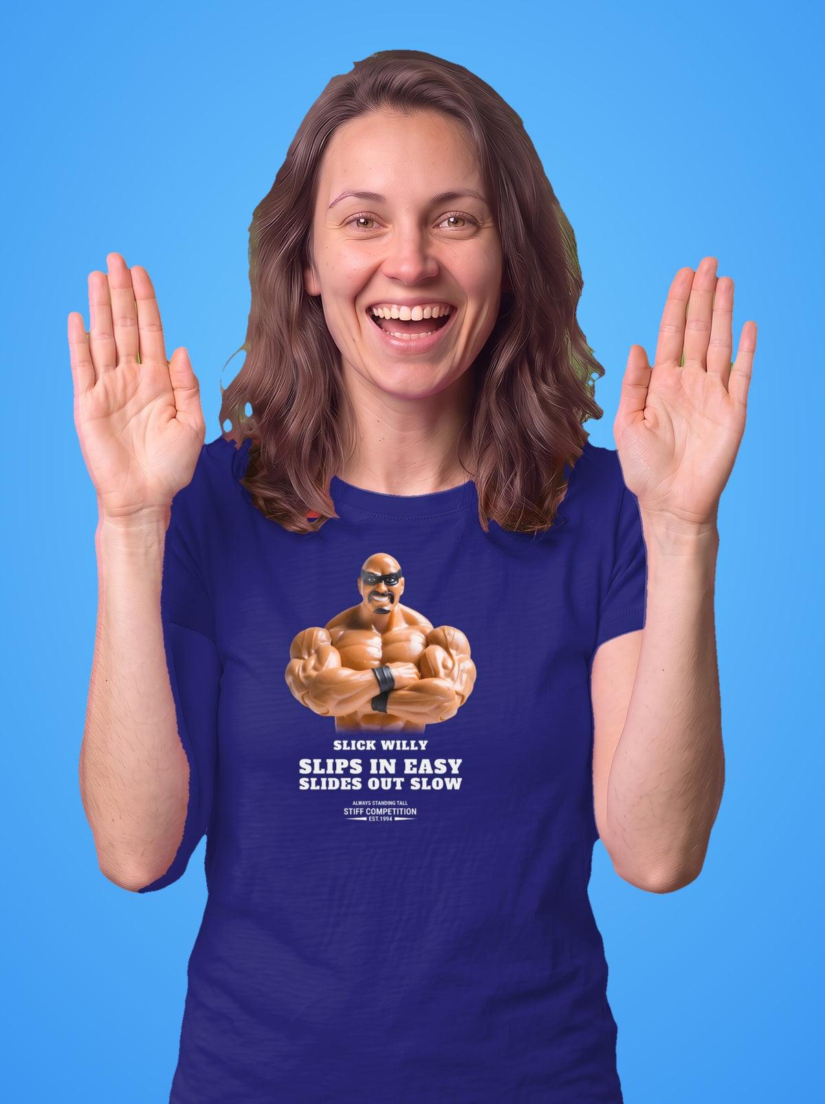 Woman wearing the Slick Willy Slips In Easy, Slides Out Slow t-shirt in purple