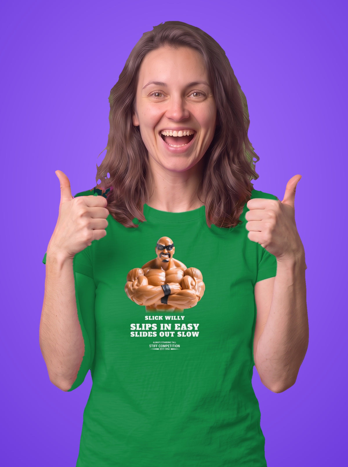 Woman wearing the Slick Willy Slips In Easy, Slides Out Slow t-shirt in Irish green