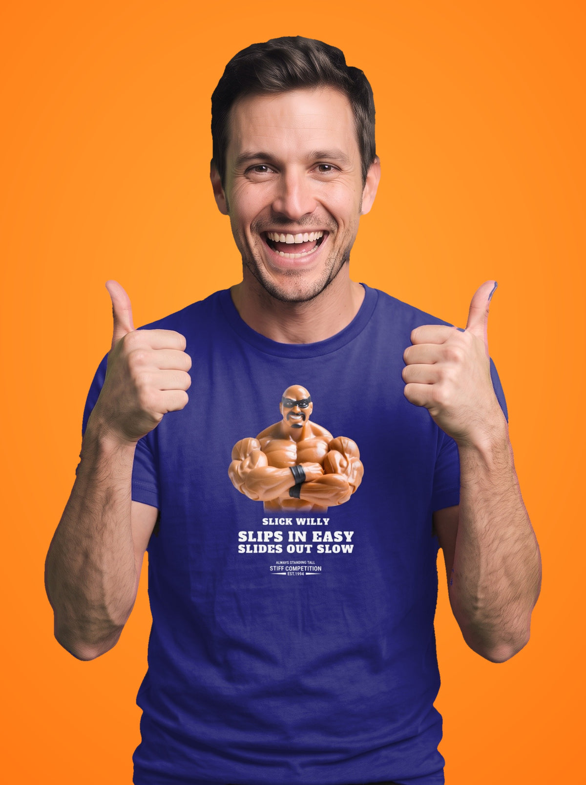 Slick Willy t-shirt worn by a model, light ink print