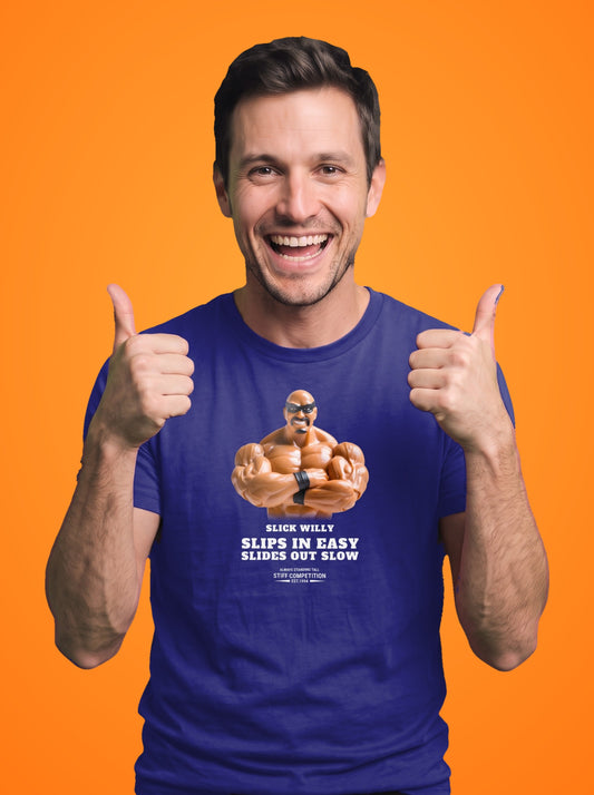 Slick Willy t-shirt worn by a model, light ink print