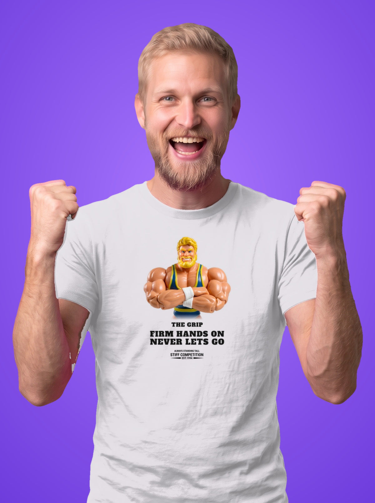 Man wearing the Grip Firm Hands On, Never Lets Go t-shirt in white