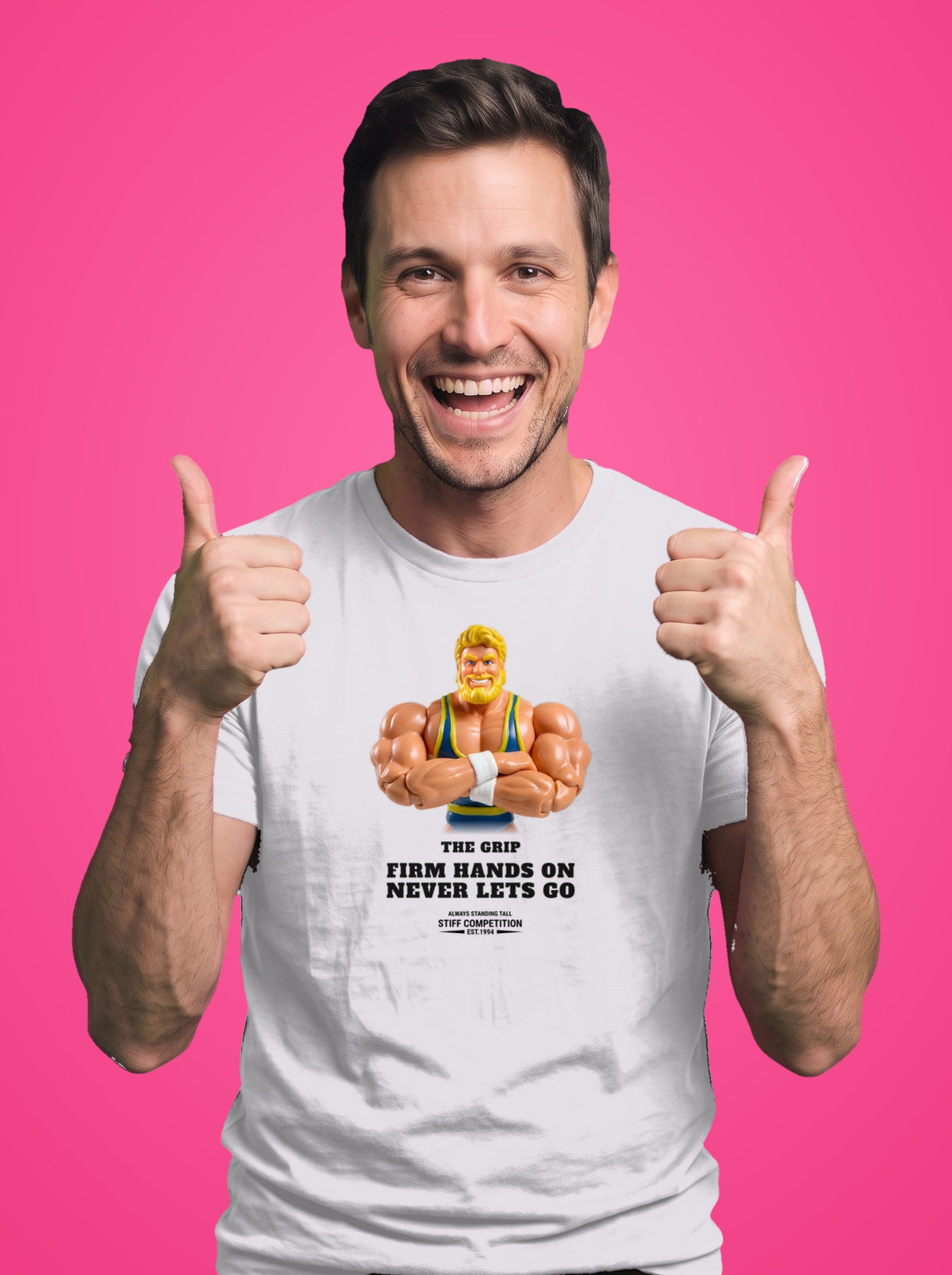 Man wearing the Grip Firm Hands On, Never Lets Go t-shirt in white