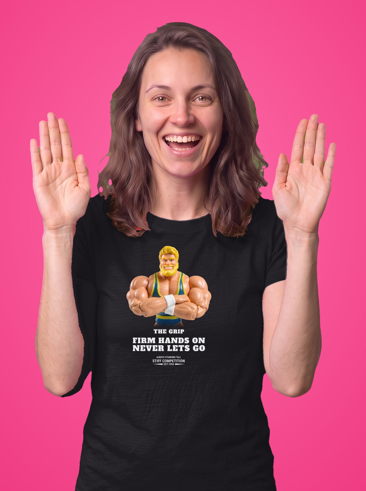 Woman wearing the Grip Firm Hands On, Never Lets Go t-shirt in black