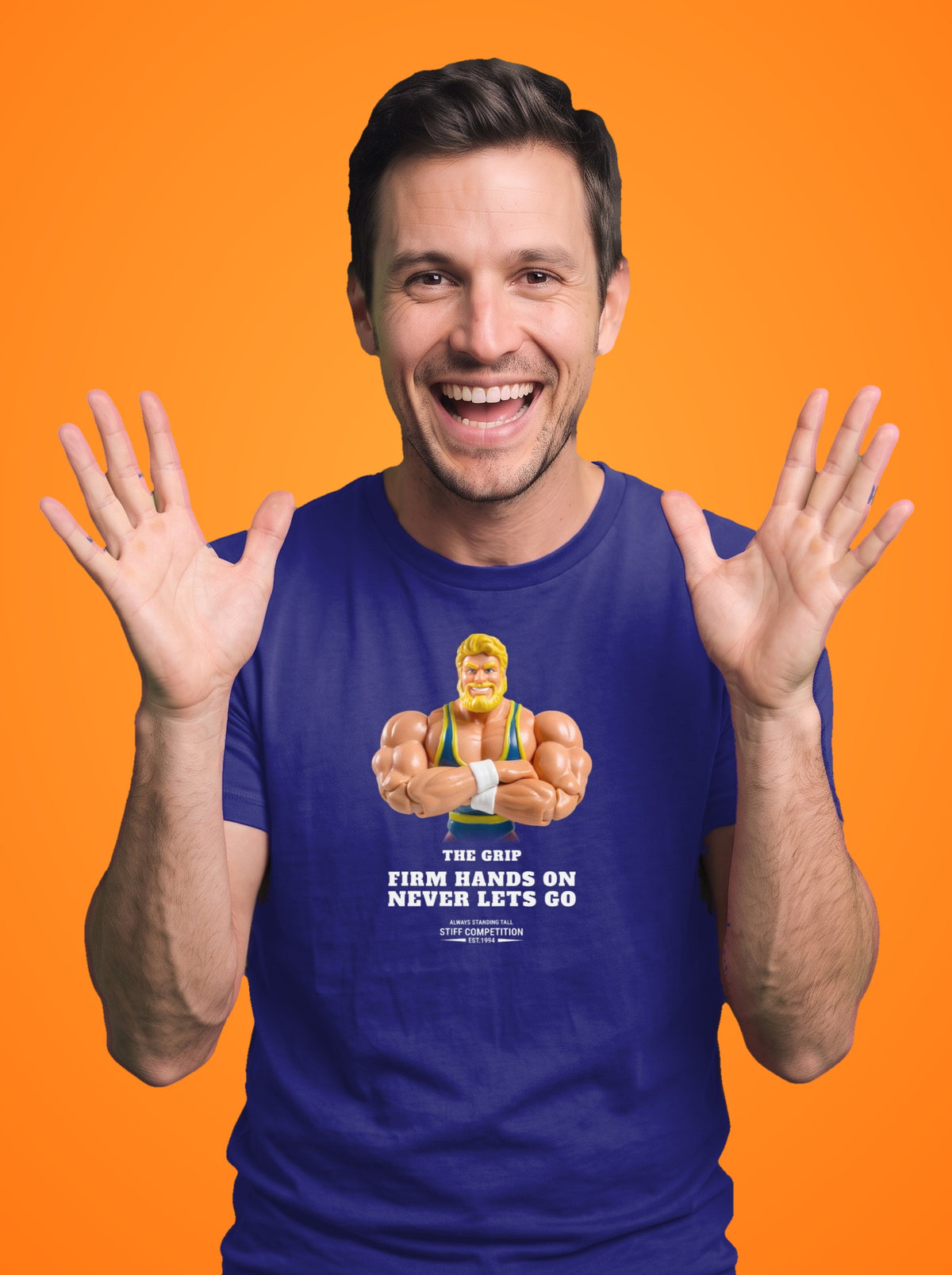 Man wearing the Grip Firm Hands On, Never Lets Go t-shirt in purple