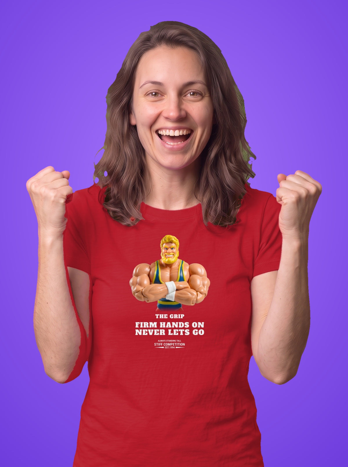 Woman wearing the Grip Firm Hands On, Never Lets Go t-shirt in red